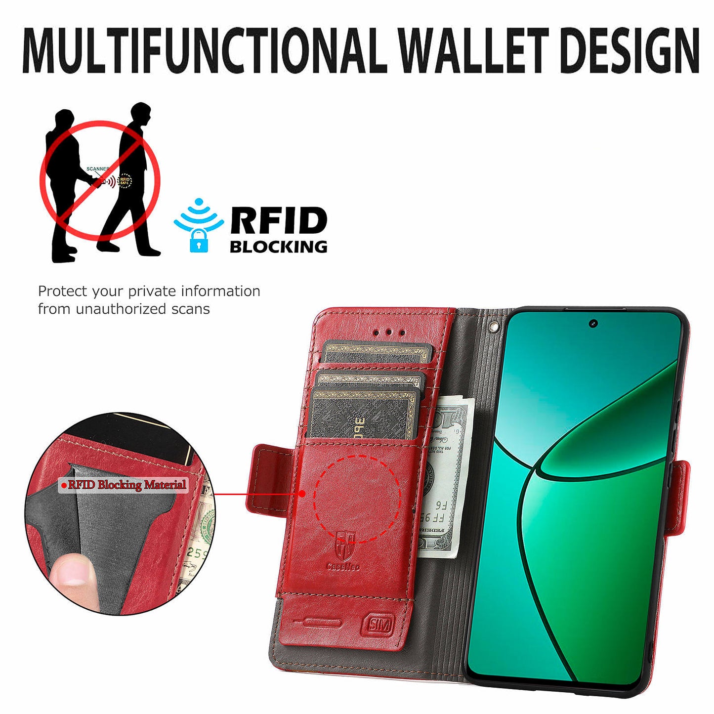 CASENEO 002 Series For Realme 12+ 5G Case Leather Wallet Cover Cell Phone Accessories Wholesale - Red