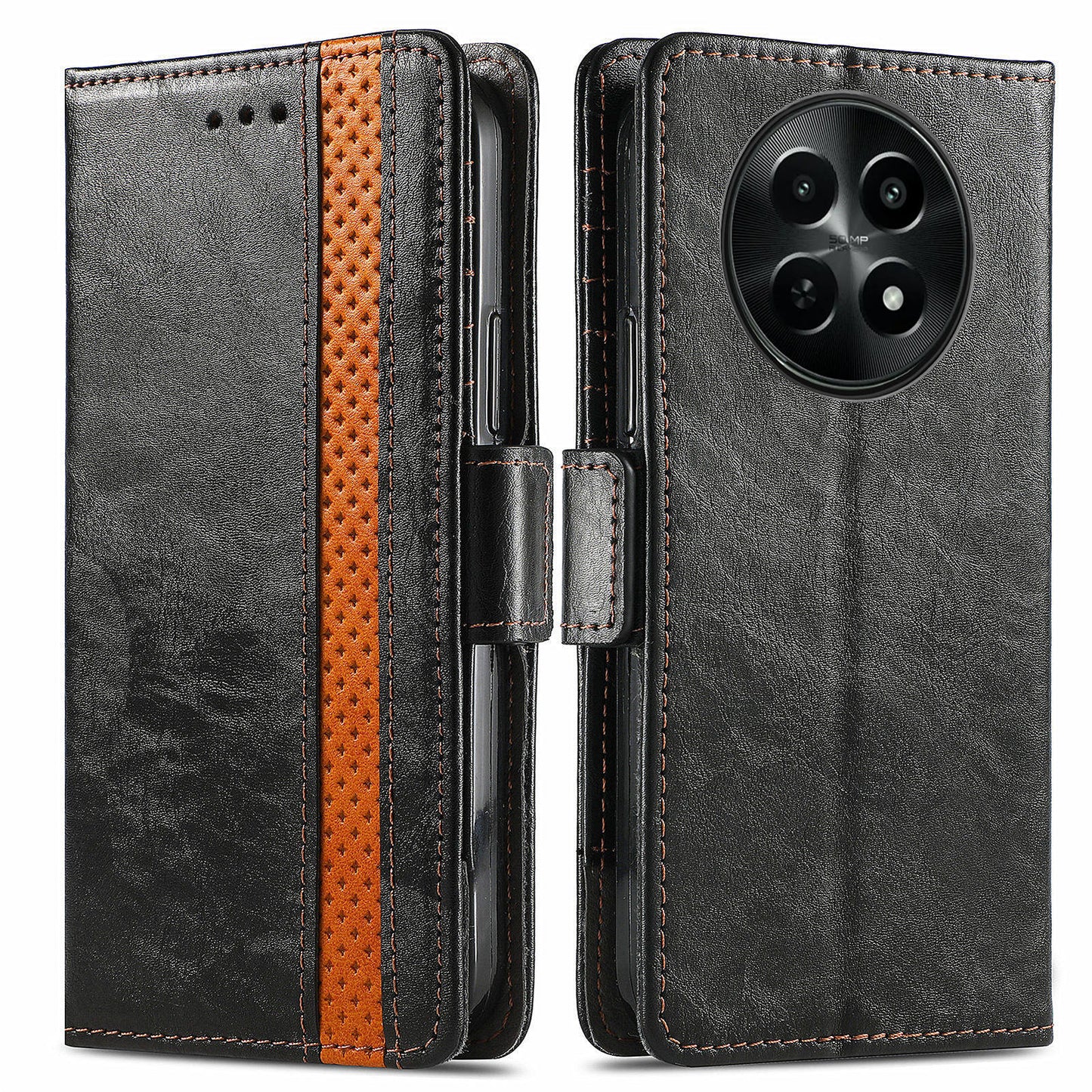 CASENEO 002 Series For Realme 12 Wallet Case Splicing Leather Phone Cases Wholesale - Black