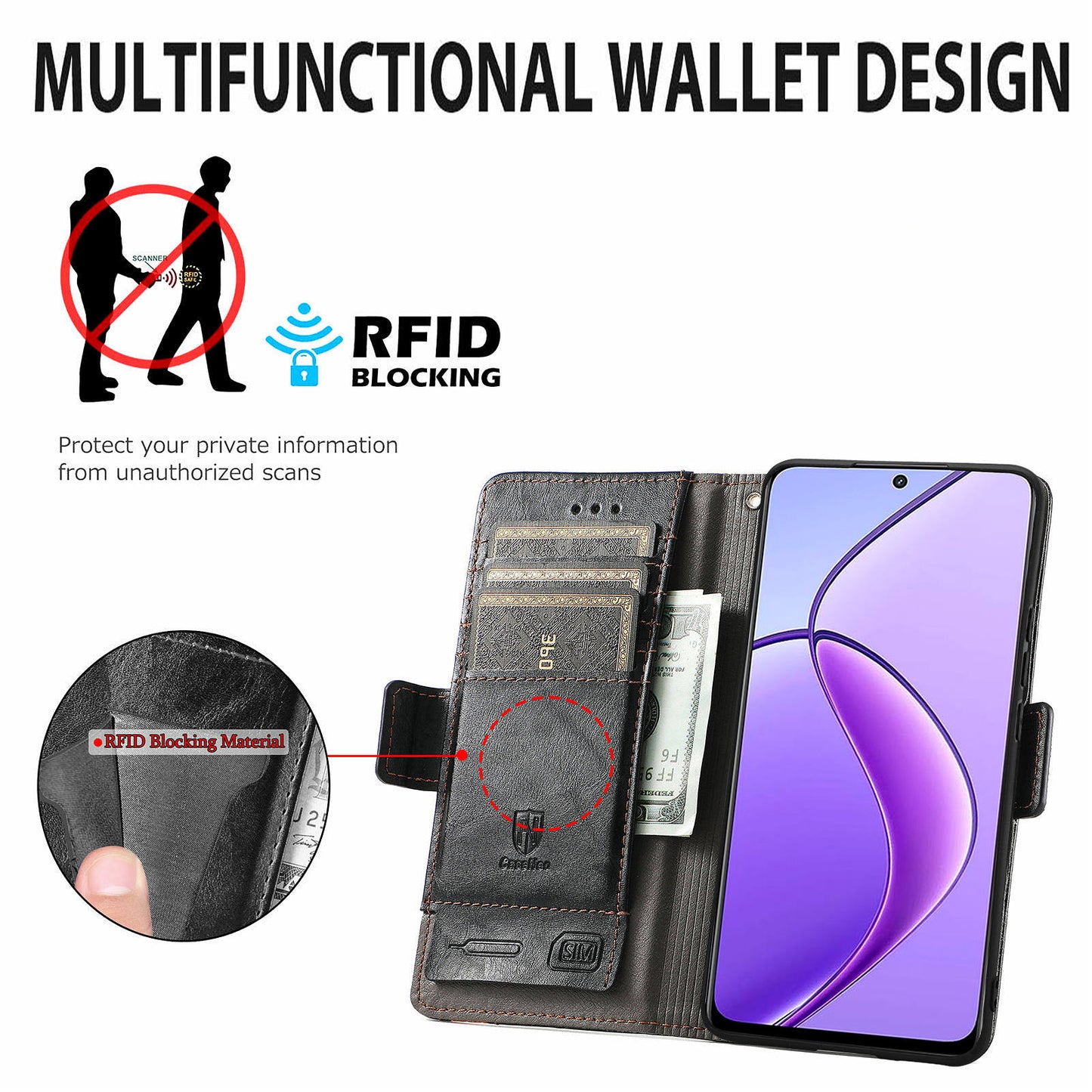 CASENEO 002 Series For Realme 12 Wallet Case Splicing Leather Phone Cases Wholesale - Black