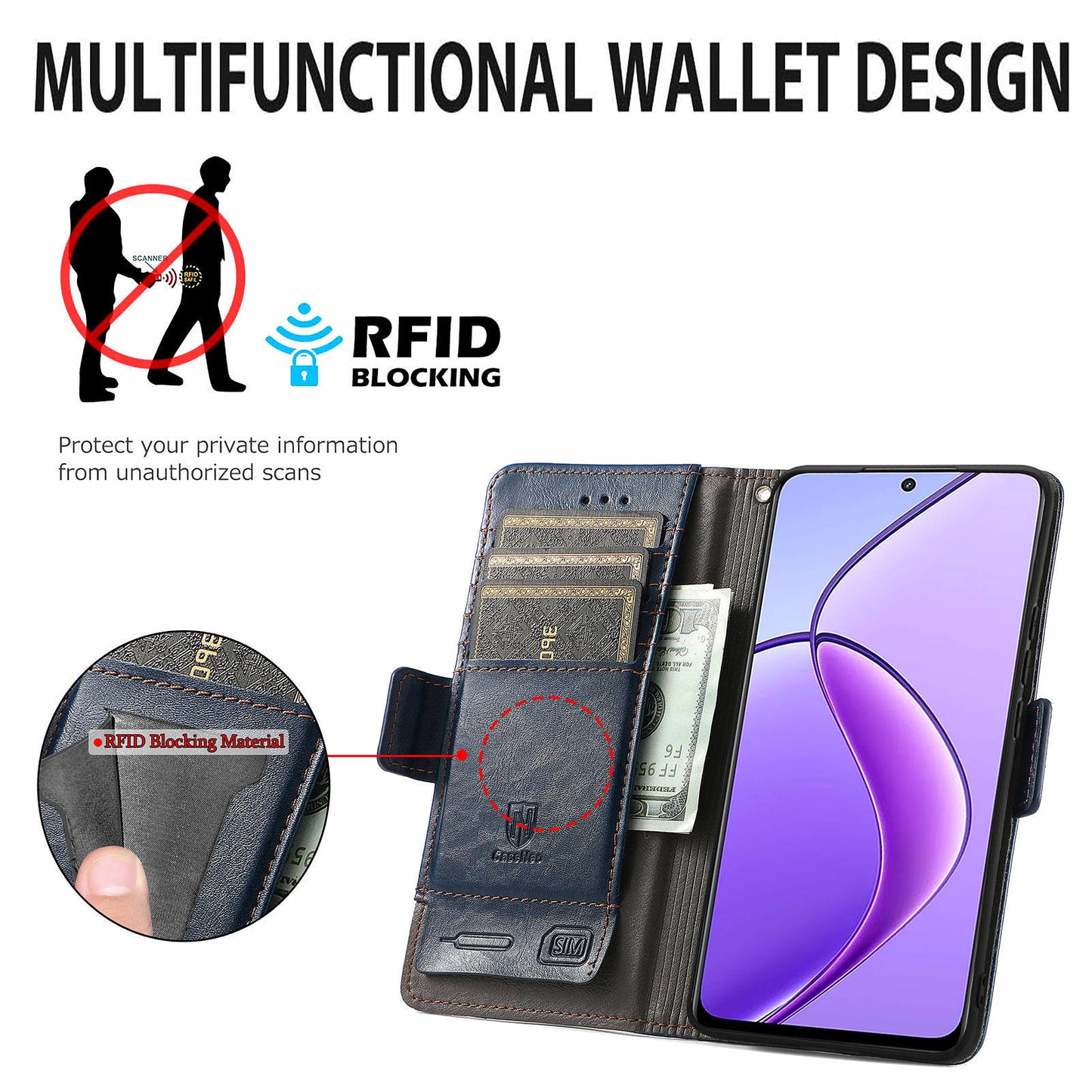 CASENEO 002 Series For Realme 12 Wallet Case Splicing Leather Phone Cases Wholesale - Dark Blue