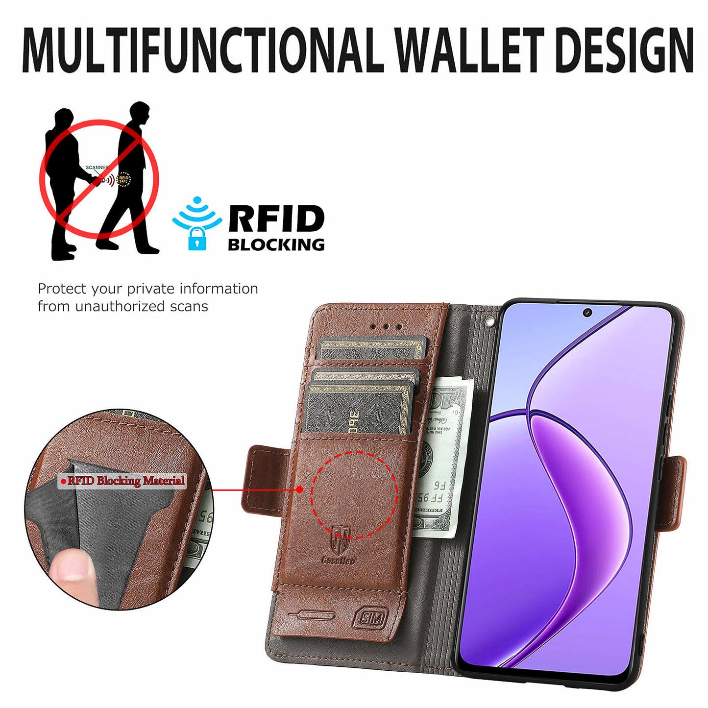 CASENEO 002 Series For Realme 12 Wallet Case Splicing Leather Phone Cases Wholesale - Dark Brown