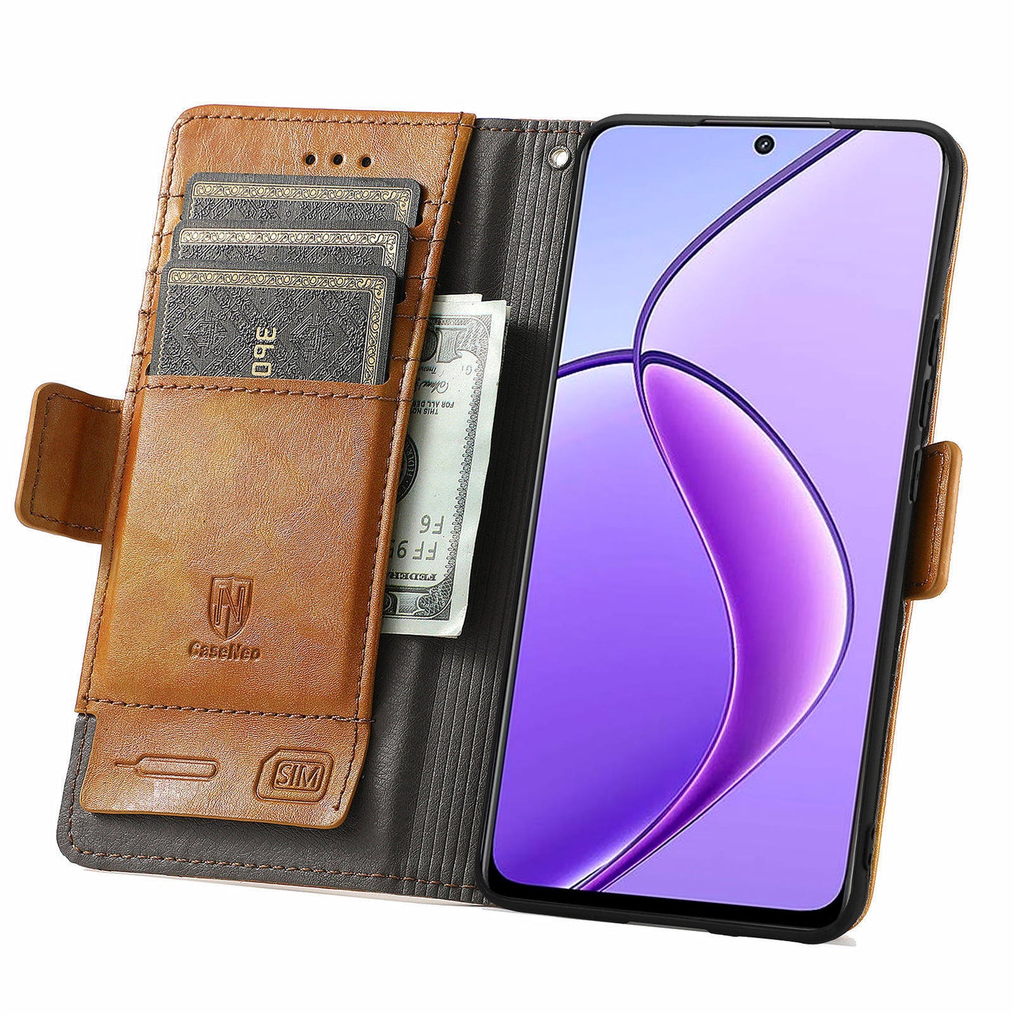 CASENEO 002 Series For Realme 12 Wallet Case Splicing Leather Phone Cases Wholesale - Light Brown