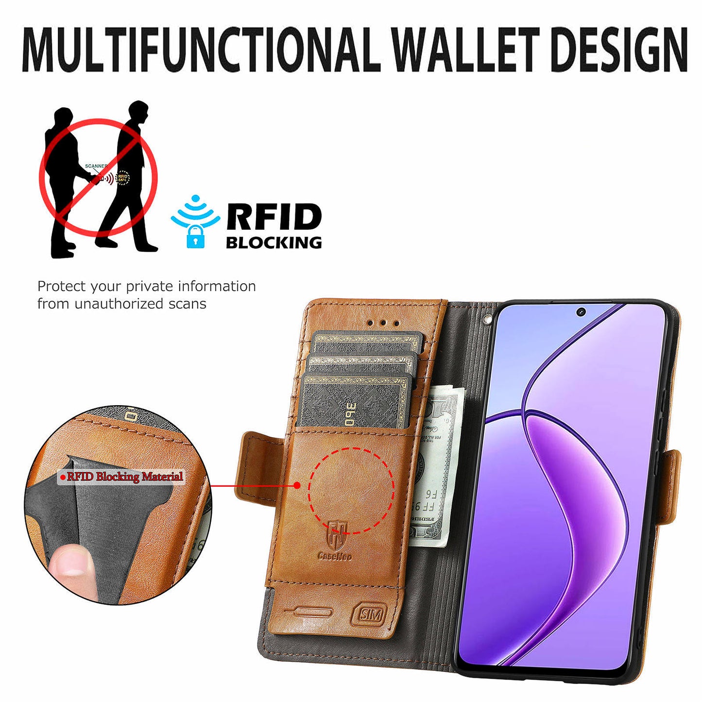 CASENEO 002 Series For Realme 12 Wallet Case Splicing Leather Phone Cases Wholesale - Light Brown