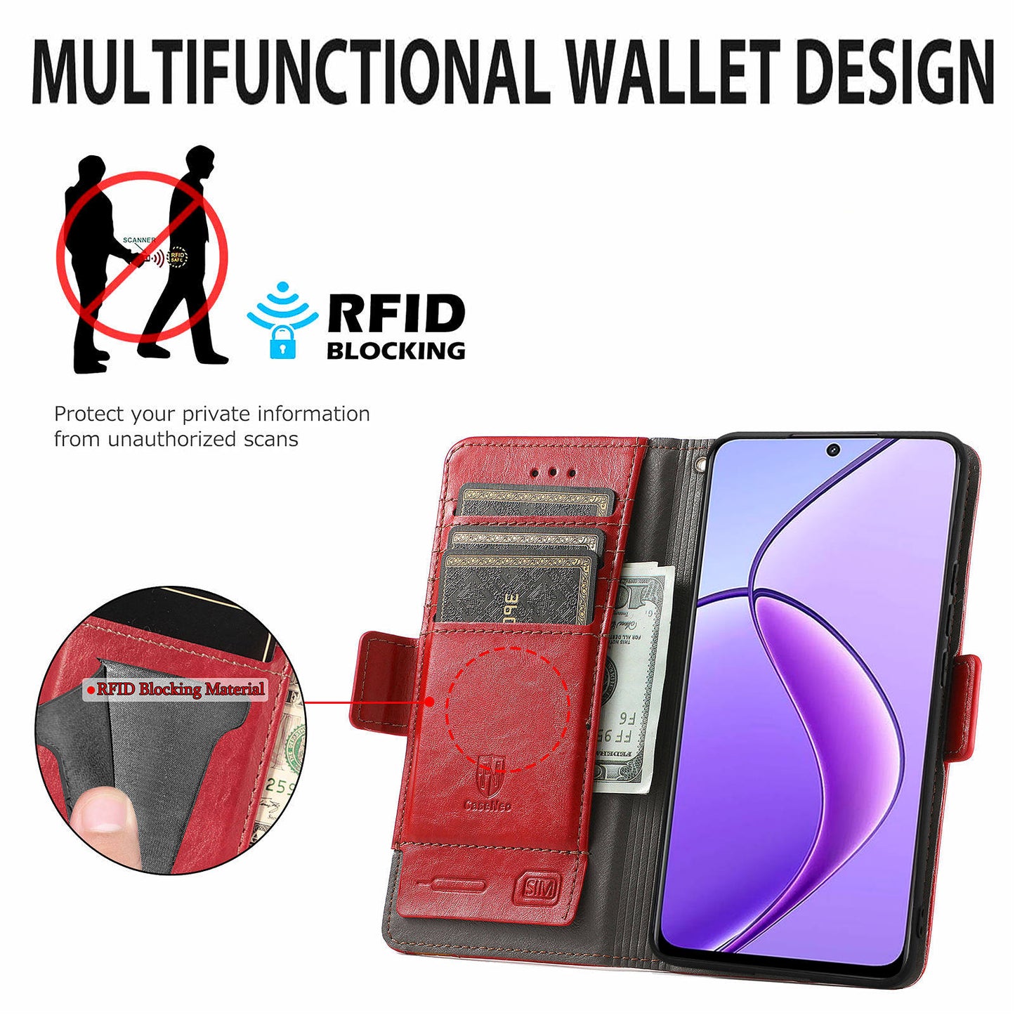 CASENEO 002 Series For Realme 12 Wallet Case Splicing Leather Phone Cases Wholesale - Red