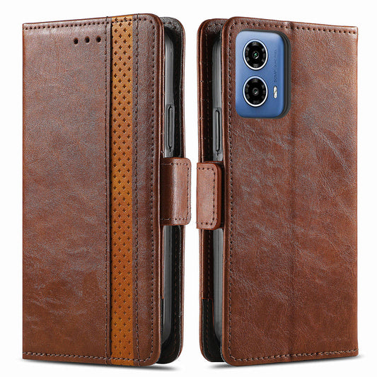 CASENEO 002 Series For Motorola Moto G34 5G Phone Cases Wholesale Splicing Leather Wallet Cover - Dark Brown
