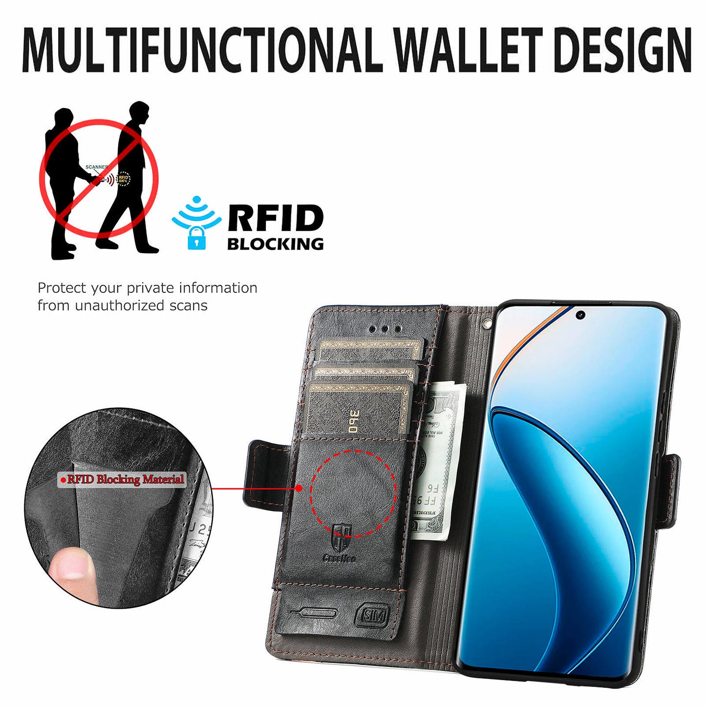 CASENEO 002 Series For Realme 12 Pro 5G / 12 Pro+ 5G Case Splicing Leather Wallet Phone Cover - Black