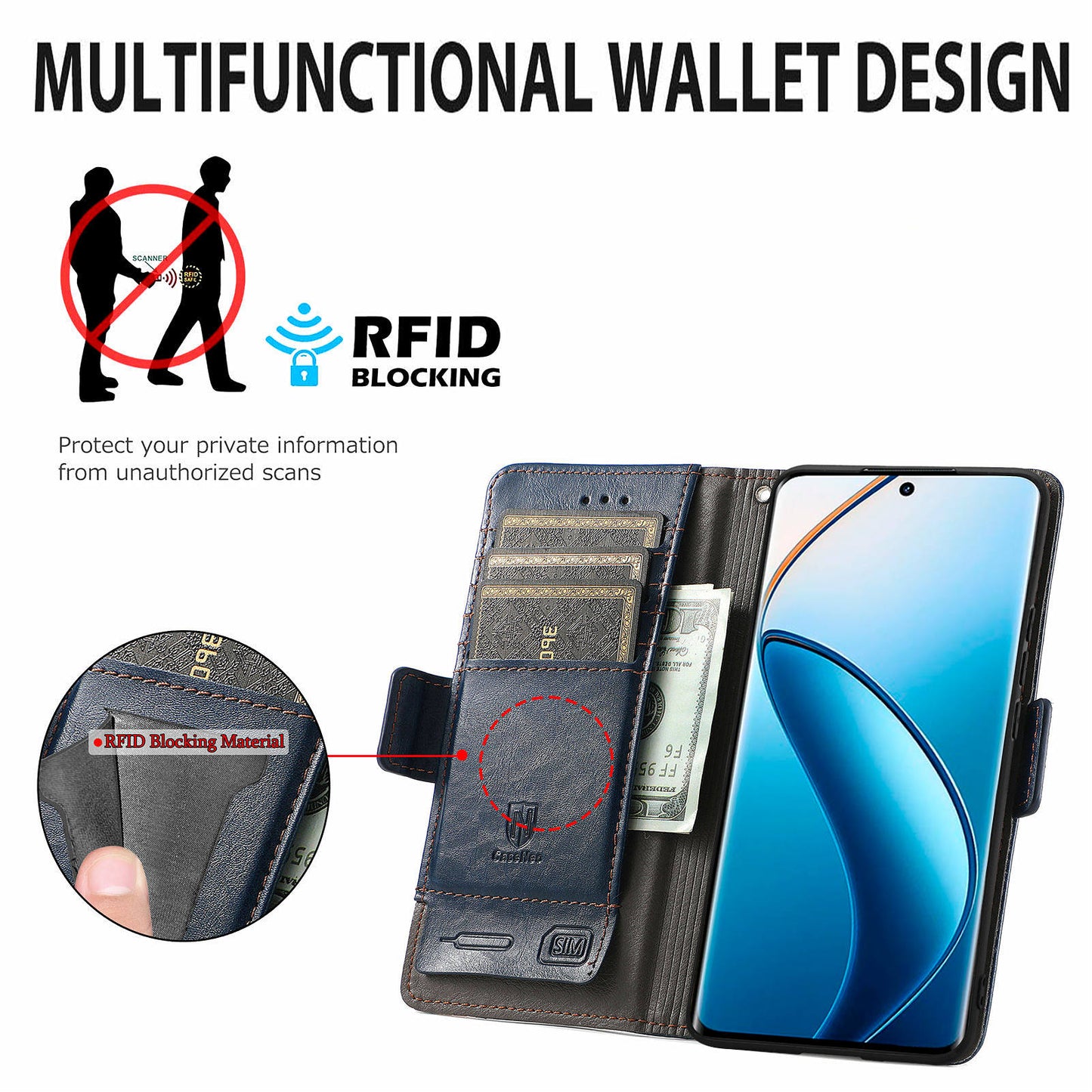CASENEO 002 Series For Realme 12 Pro 5G / 12 Pro+ 5G Case Splicing Leather Wallet Phone Cover - Dark Blue