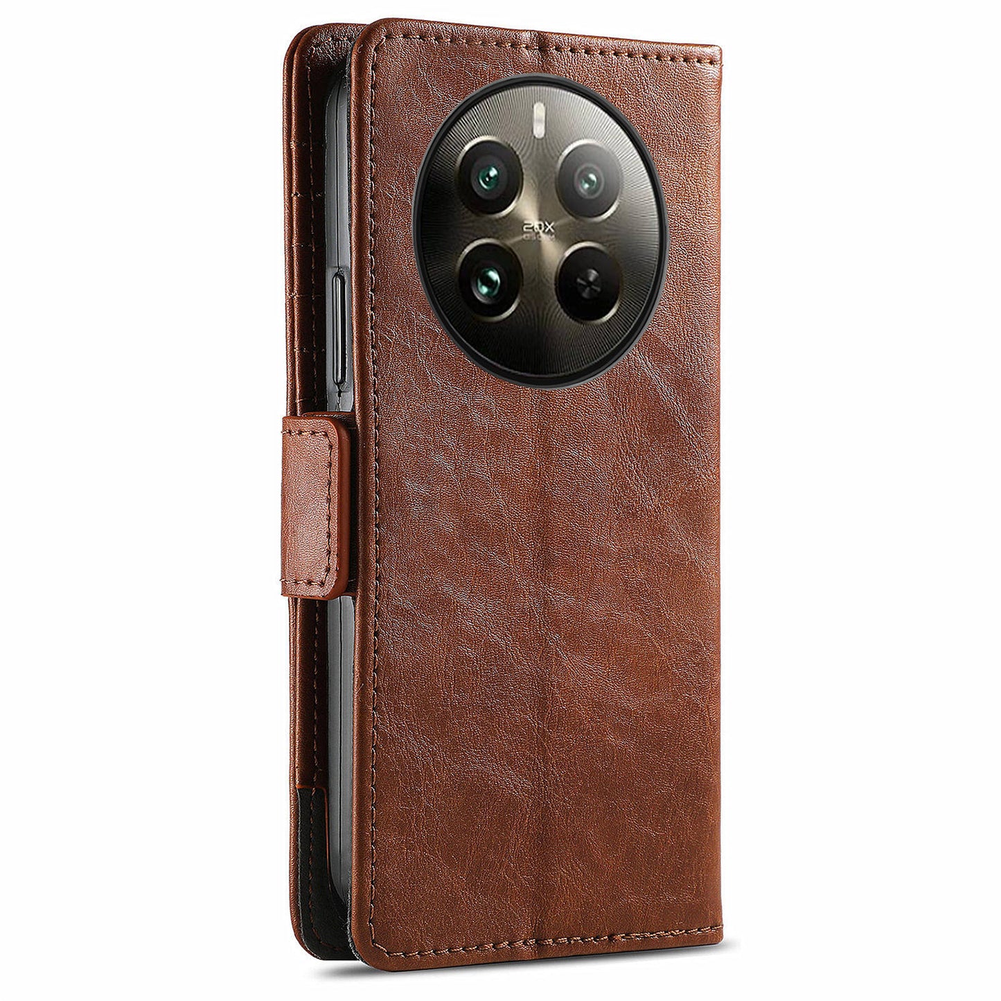 CASENEO 002 Series For Realme 12 Pro 5G / 12 Pro+ 5G Case Splicing Leather Wallet Phone Cover - Dark Brown
