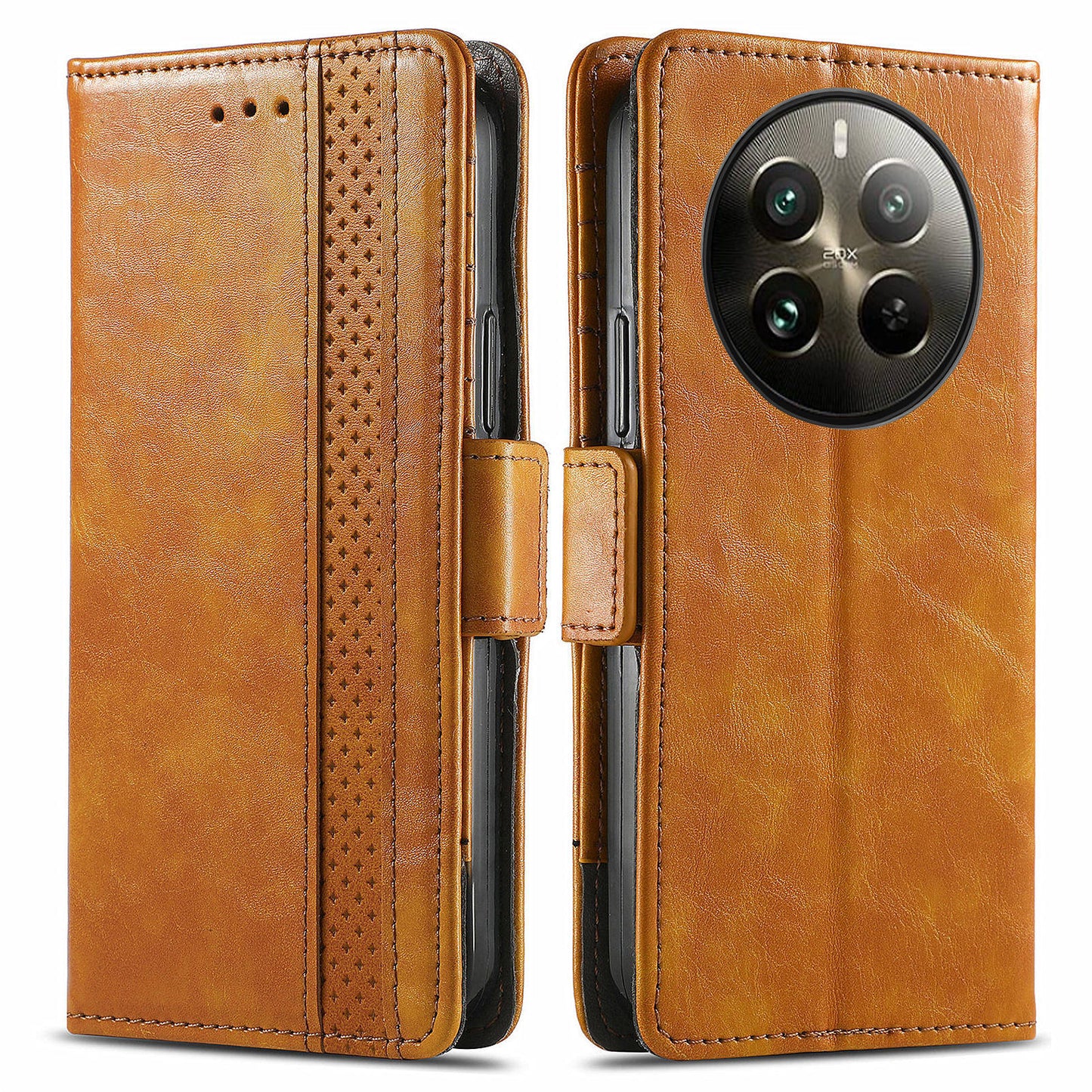CASENEO 002 Series For Realme 12 Pro 5G / 12 Pro+ 5G Case Splicing Leather Wallet Phone Cover - Light Brown