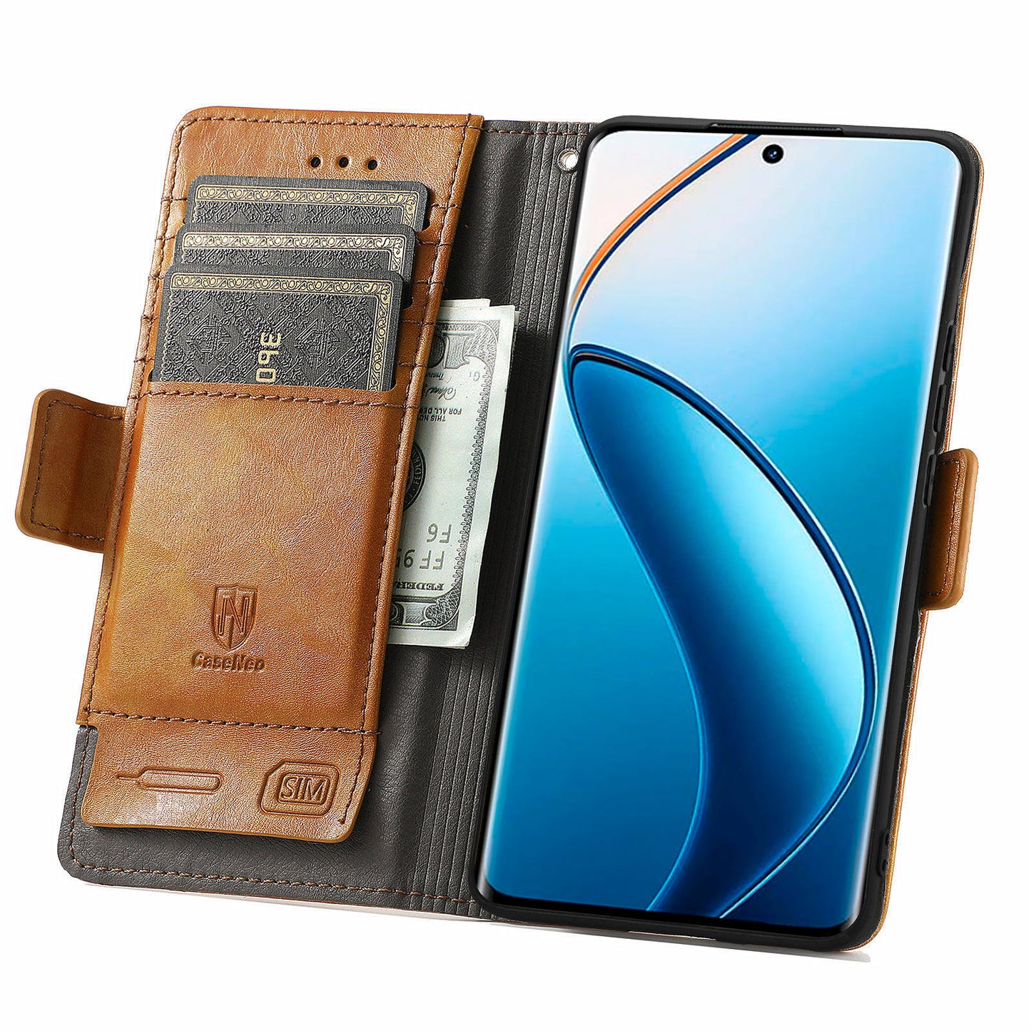 CASENEO 002 Series For Realme 12 Pro 5G / 12 Pro+ 5G Case Splicing Leather Wallet Phone Cover - Light Brown