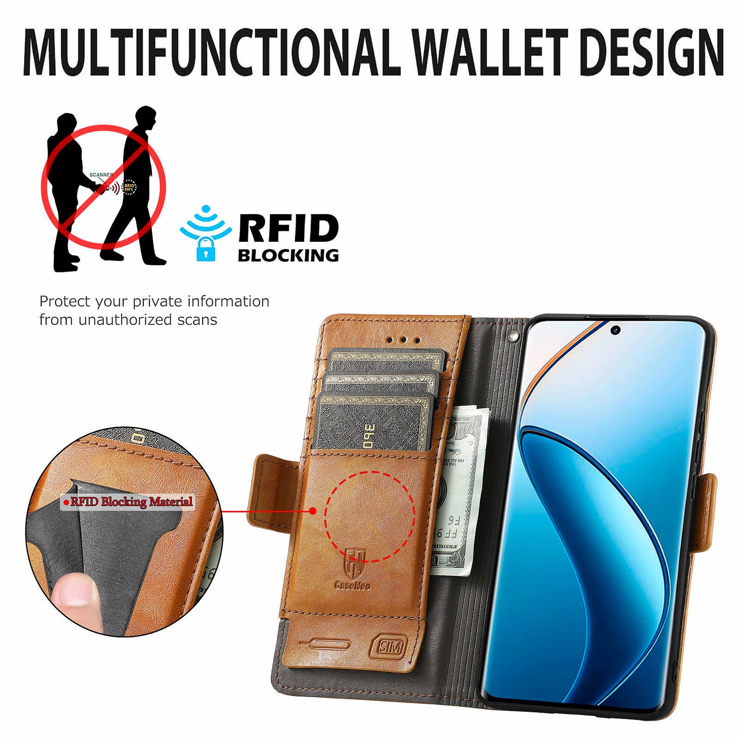 CASENEO 002 Series For Realme 12 Pro 5G / 12 Pro+ 5G Case Splicing Leather Wallet Phone Cover - Light Brown