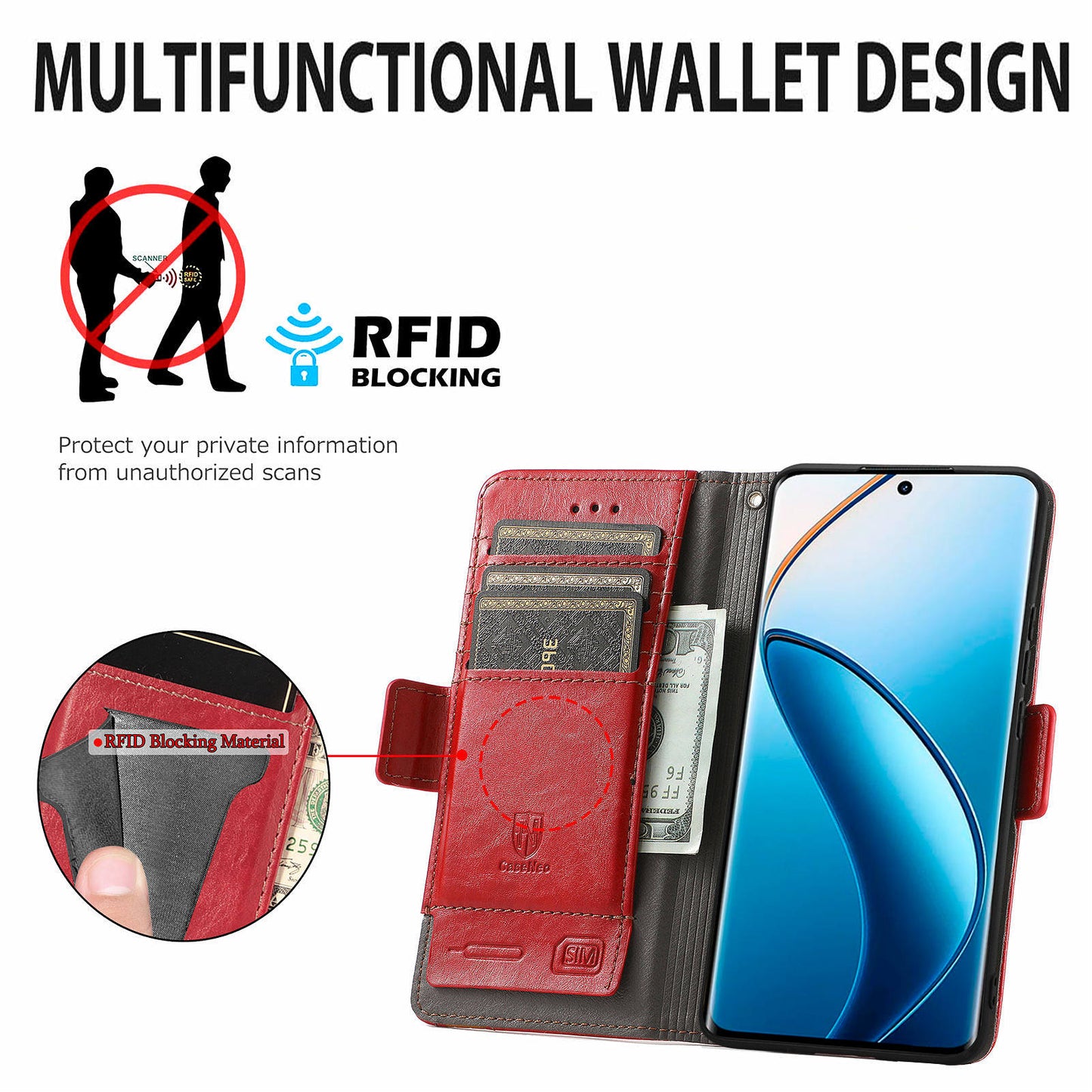 CASENEO 002 Series For Realme 12 Pro 5G / 12 Pro+ 5G Case Splicing Leather Wallet Phone Cover - Red