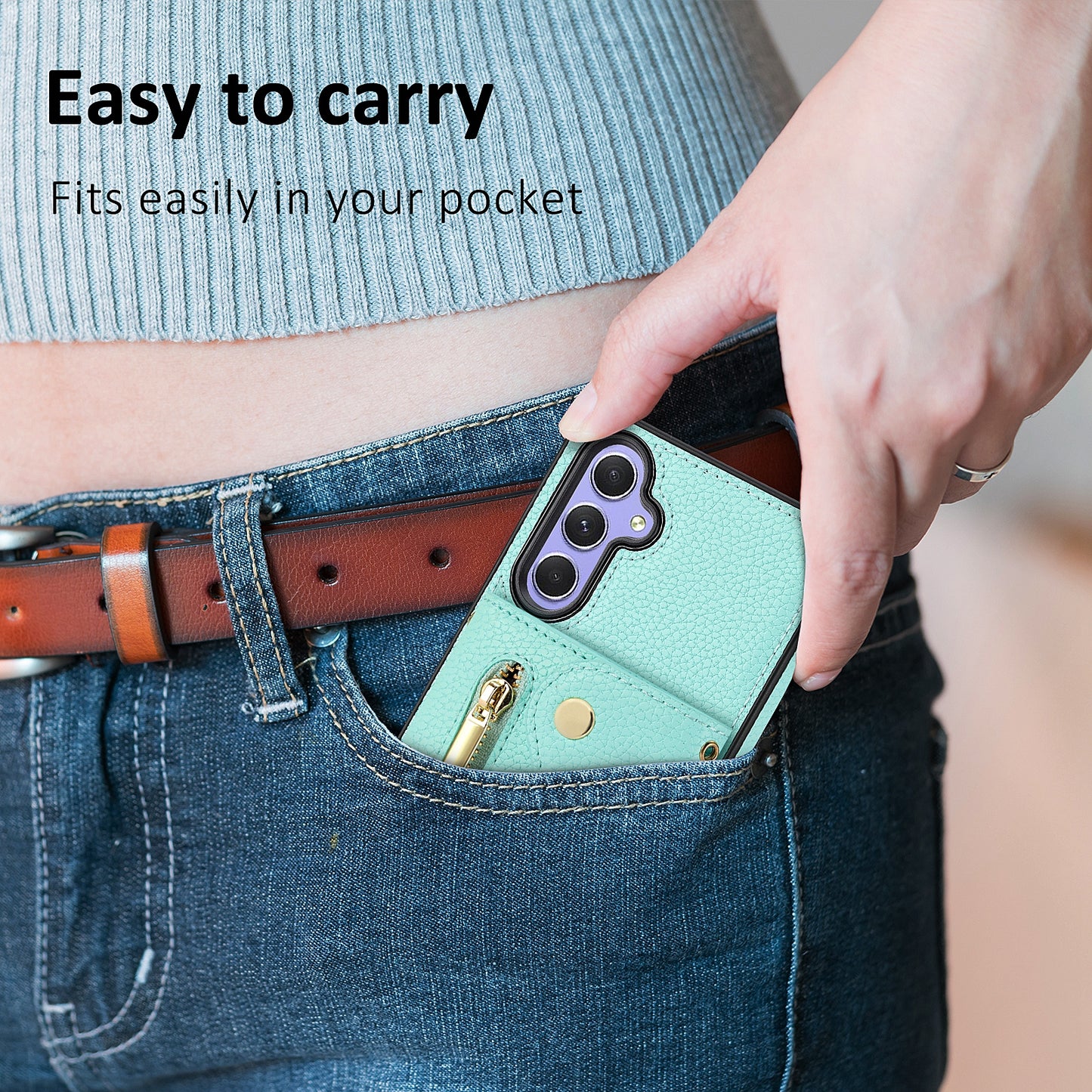 Wallet Case for Samsung Galaxy A55 5G DF-09 Anti-drop Crossbody Card Holder Cover - Mint Green