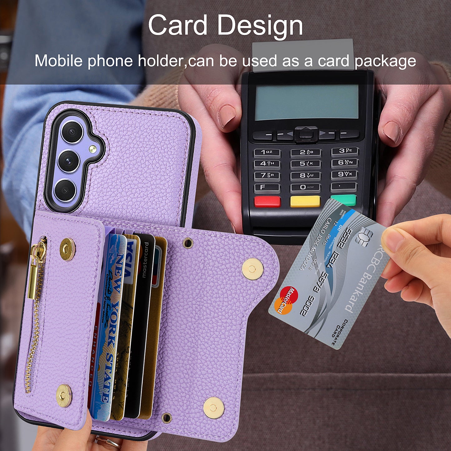 Wallet Case for Samsung Galaxy A55 5G DF-09 Anti-drop Crossbody Card Holder Cover - Purple