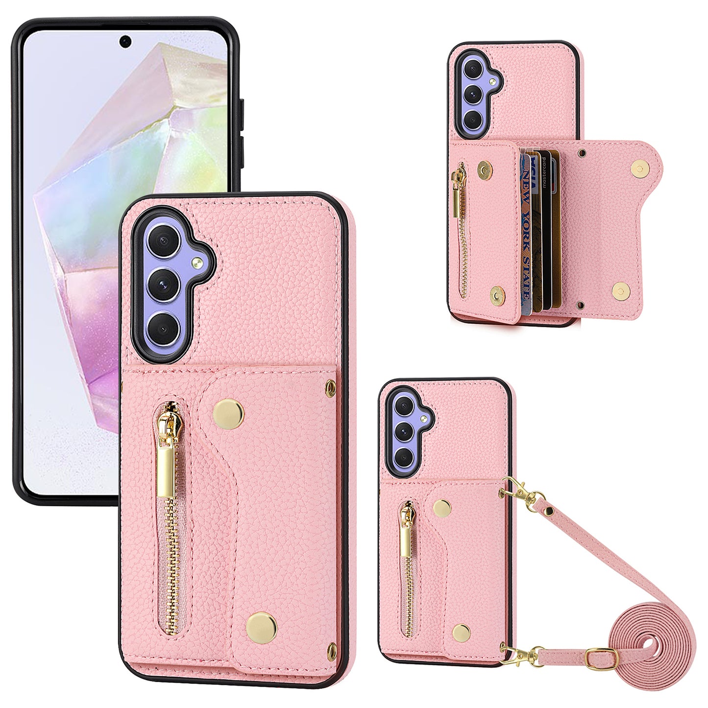 DF-09 Wallet Case for Samsung Galaxy A35 5G Scratch Resistant Crossbody Card Holder Cover - Pink