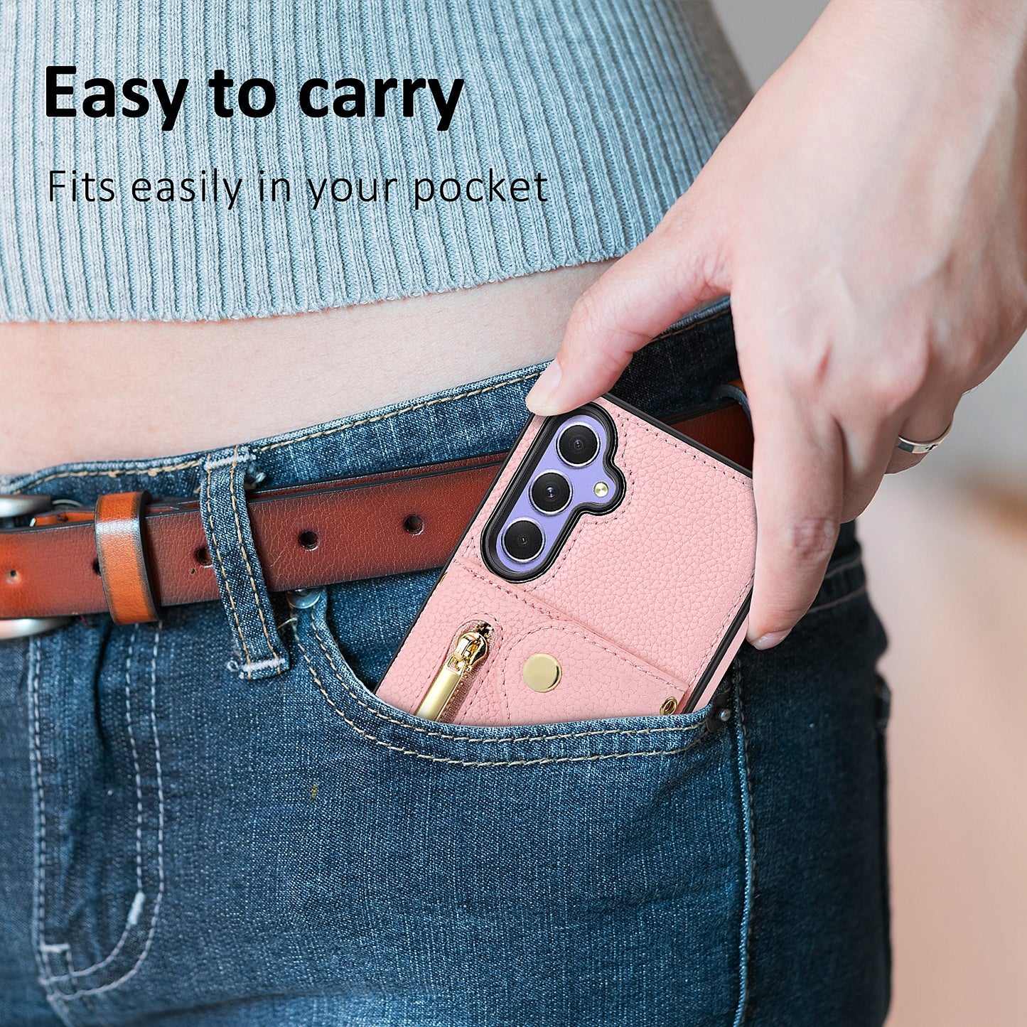 DF-09 Wallet Case for Samsung Galaxy A35 5G Scratch Resistant Crossbody Card Holder Cover - Pink