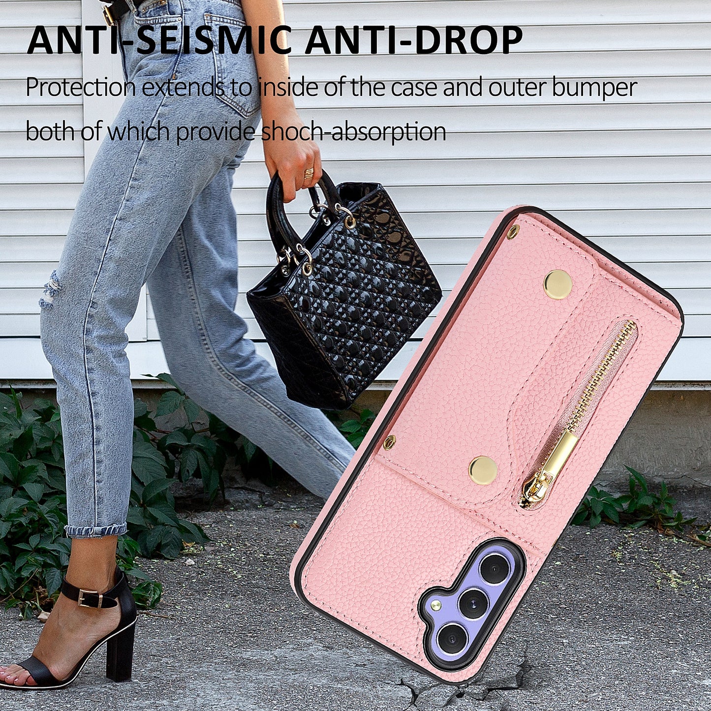 DF-09 Wallet Case for Samsung Galaxy A35 5G Scratch Resistant Crossbody Card Holder Cover - Pink