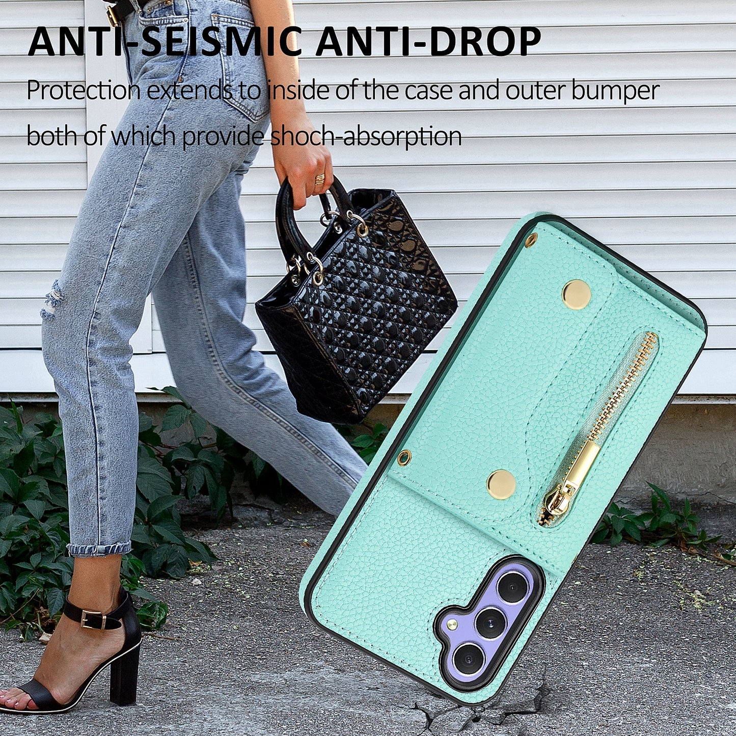 DF-09 Wallet Case for Samsung Galaxy A35 5G Scratch Resistant Crossbody Card Holder Cover - Mint Green