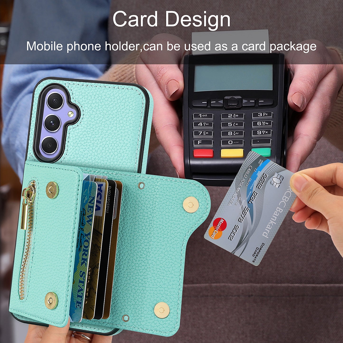 DF-09 Wallet Case for Samsung Galaxy A35 5G Scratch Resistant Crossbody Card Holder Cover - Mint Green