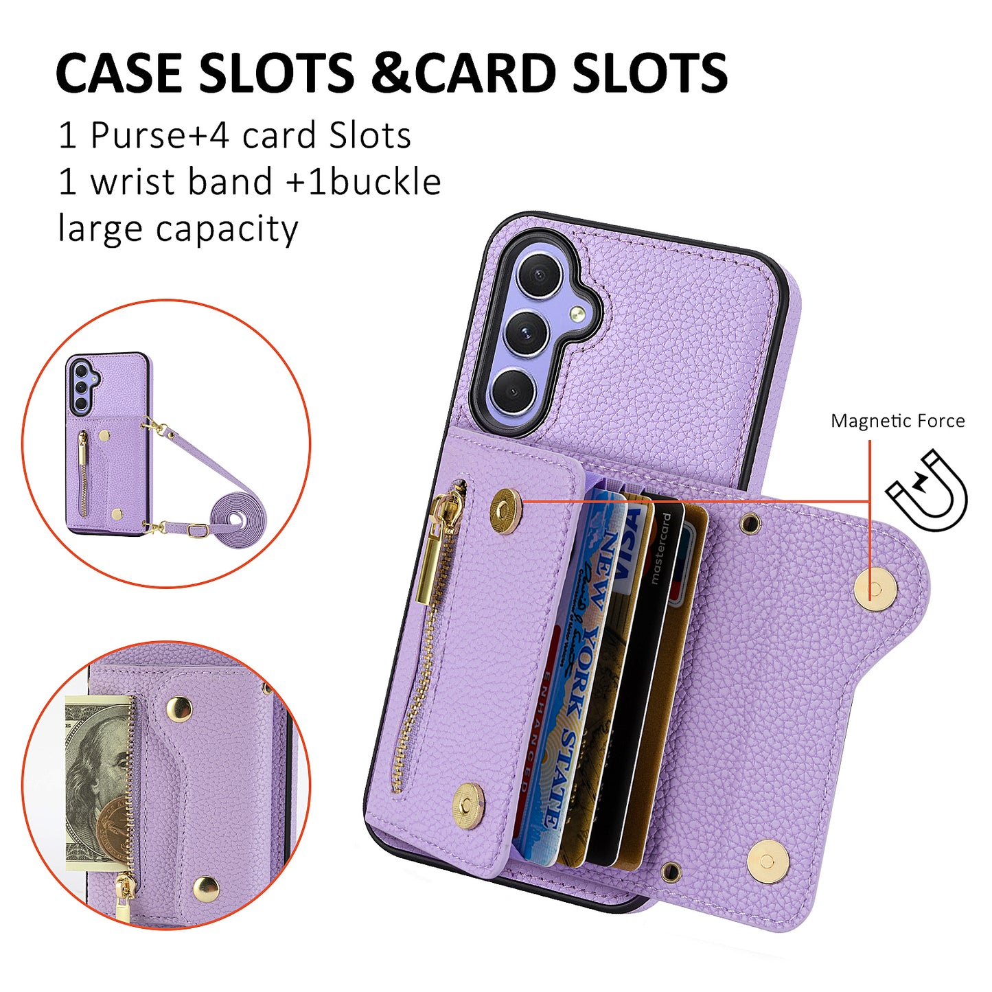 DF-09 Wallet Case for Samsung Galaxy A35 5G Scratch Resistant Crossbody Card Holder Cover - Purple