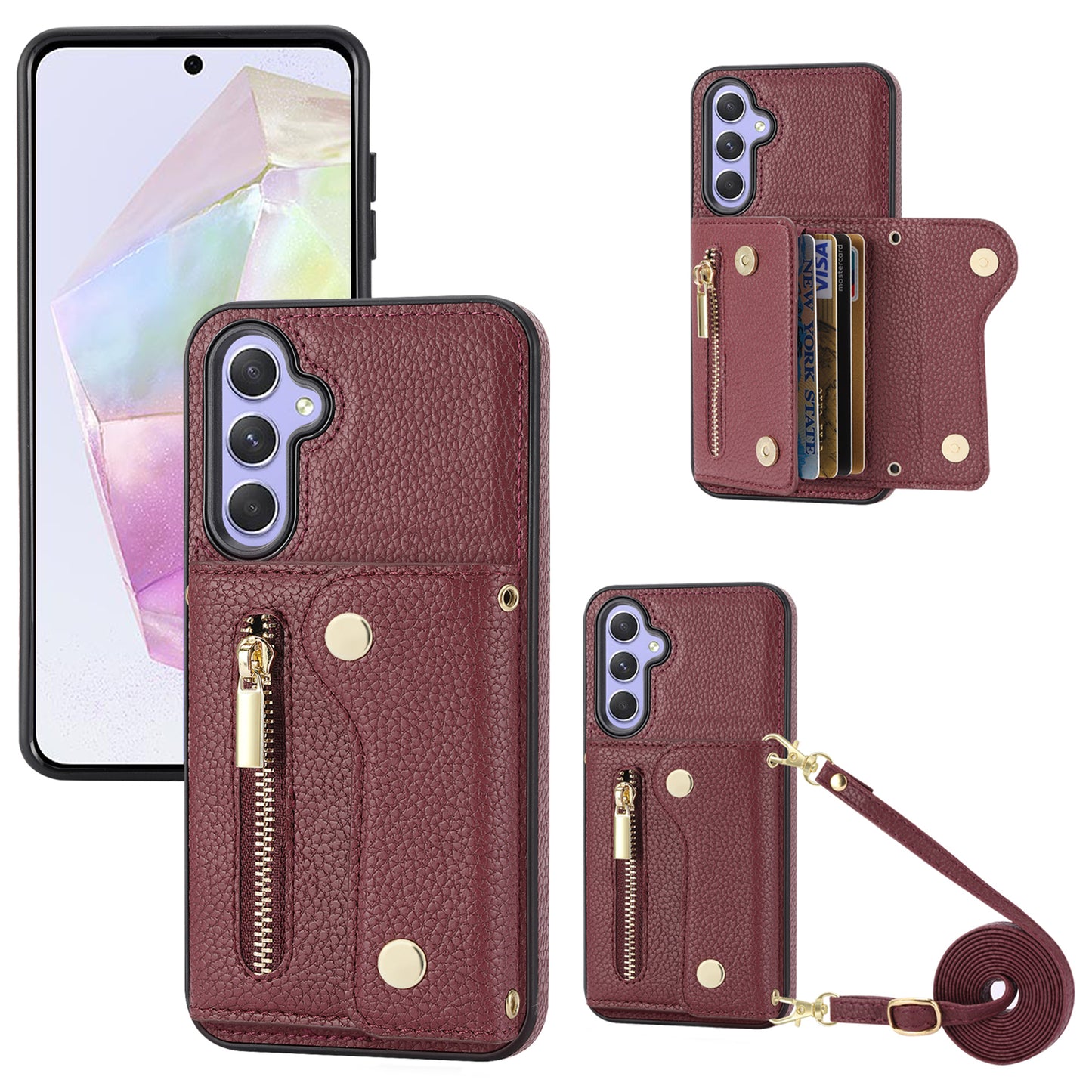 DF-09 Wallet Case for Samsung Galaxy A35 5G Scratch Resistant Crossbody Card Holder Cover - Wine Red
