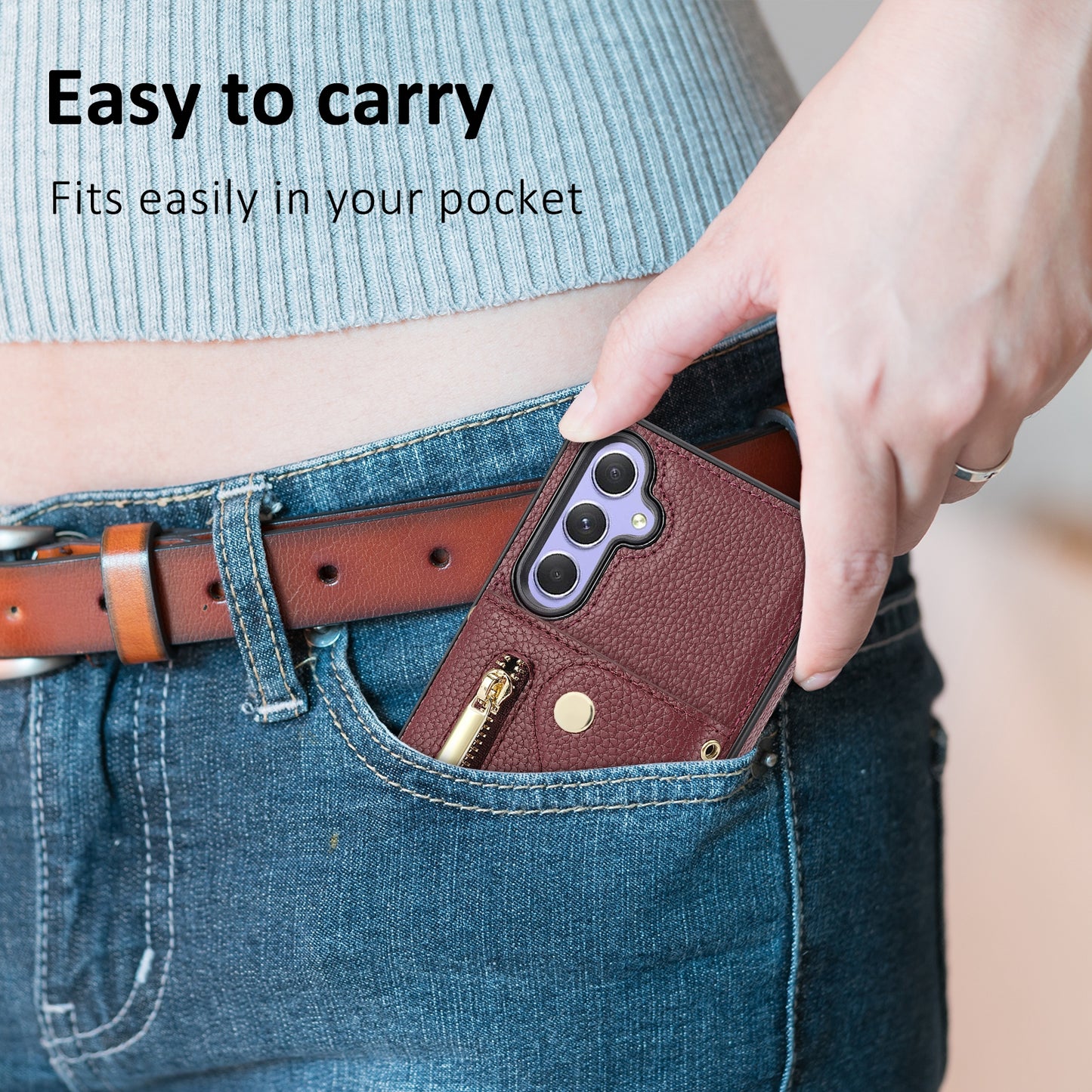 DF-09 Wallet Case for Samsung Galaxy A35 5G Scratch Resistant Crossbody Card Holder Cover - Wine Red