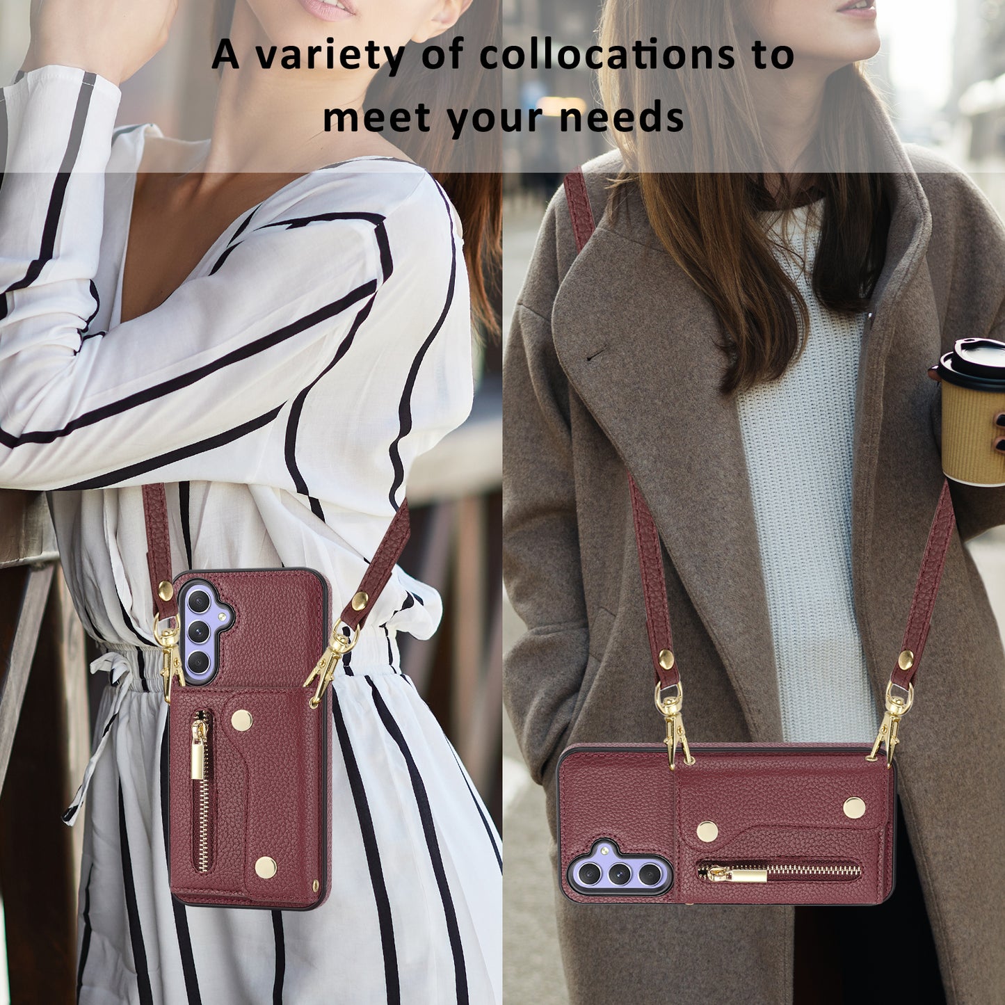 DF-09 Wallet Case for Samsung Galaxy A35 5G Scratch Resistant Crossbody Card Holder Cover - Wine Red