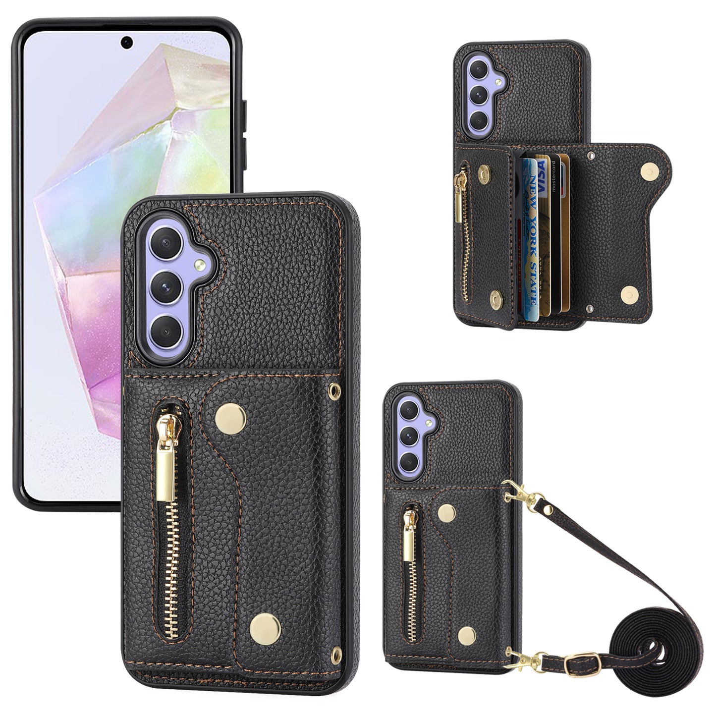 DF-09 Wallet Case for Samsung Galaxy A35 5G Scratch Resistant Crossbody Card Holder Cover - Black