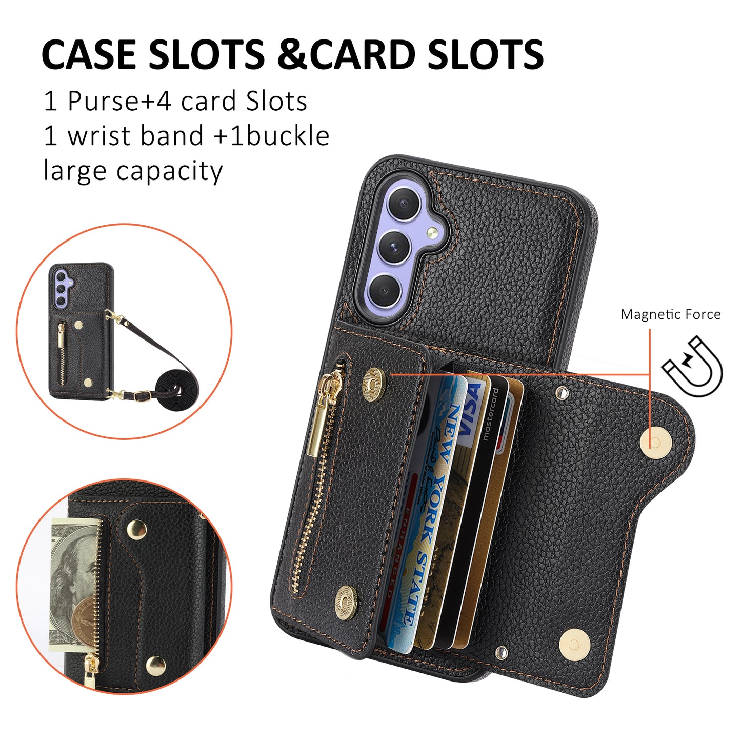 DF-09 Wallet Case for Samsung Galaxy A35 5G Scratch Resistant Crossbody Card Holder Cover - Black
