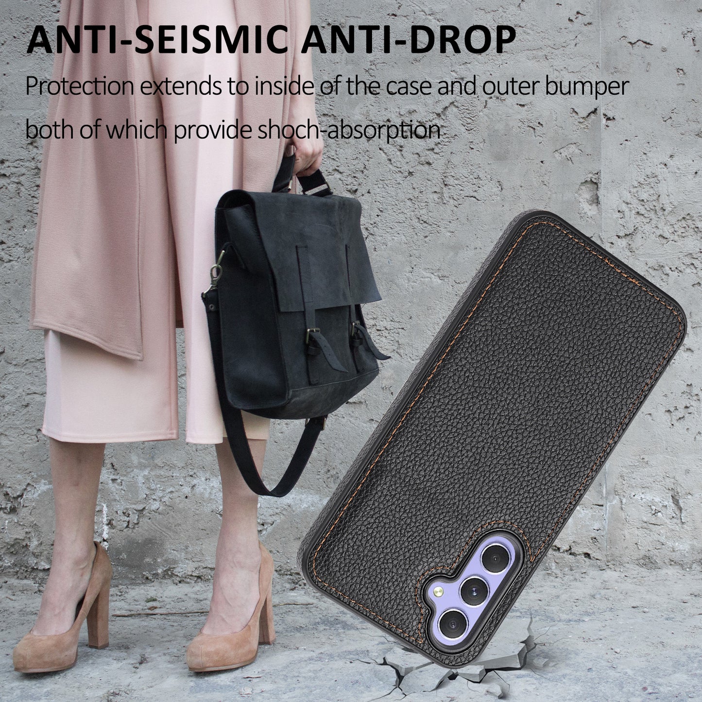 For Samsung Galaxy A55 5G Lychee Texture Phone Case Shockproof Leather+TPU Cover - Black