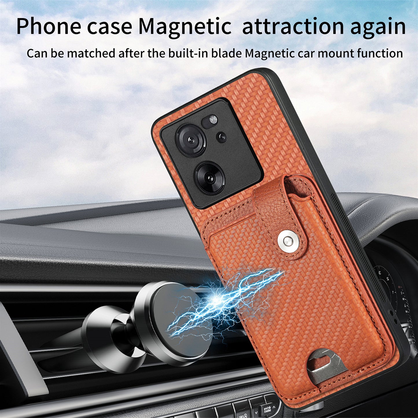 Style B C1-06 For Xiaomi 13T /  13T Pro / Redmi K60 Ultra Case PU+TPU Carbon Fiber Texture Card Holder Phone Cover - Brown
