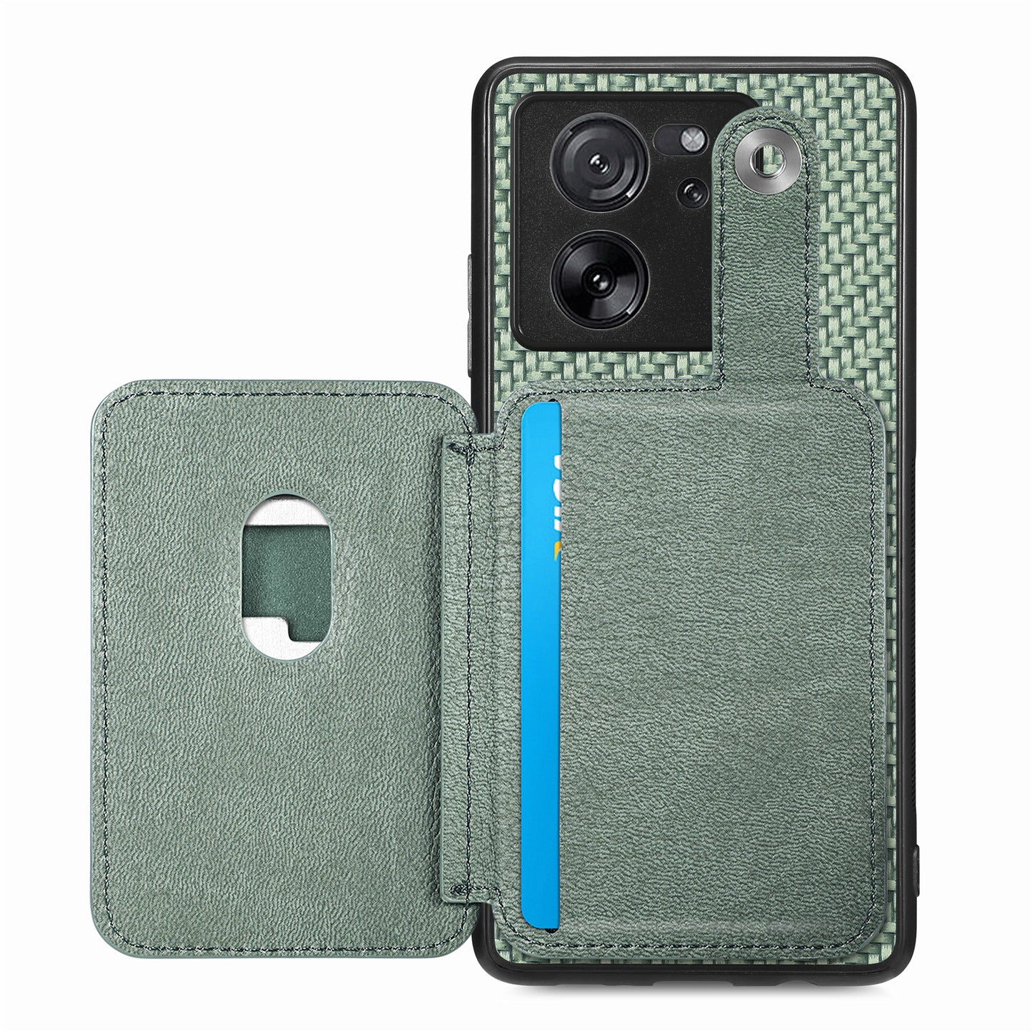 Style B C1-06 For Xiaomi 13T /  13T Pro / Redmi K60 Ultra Case PU+TPU Carbon Fiber Texture Card Holder Phone Cover - Green