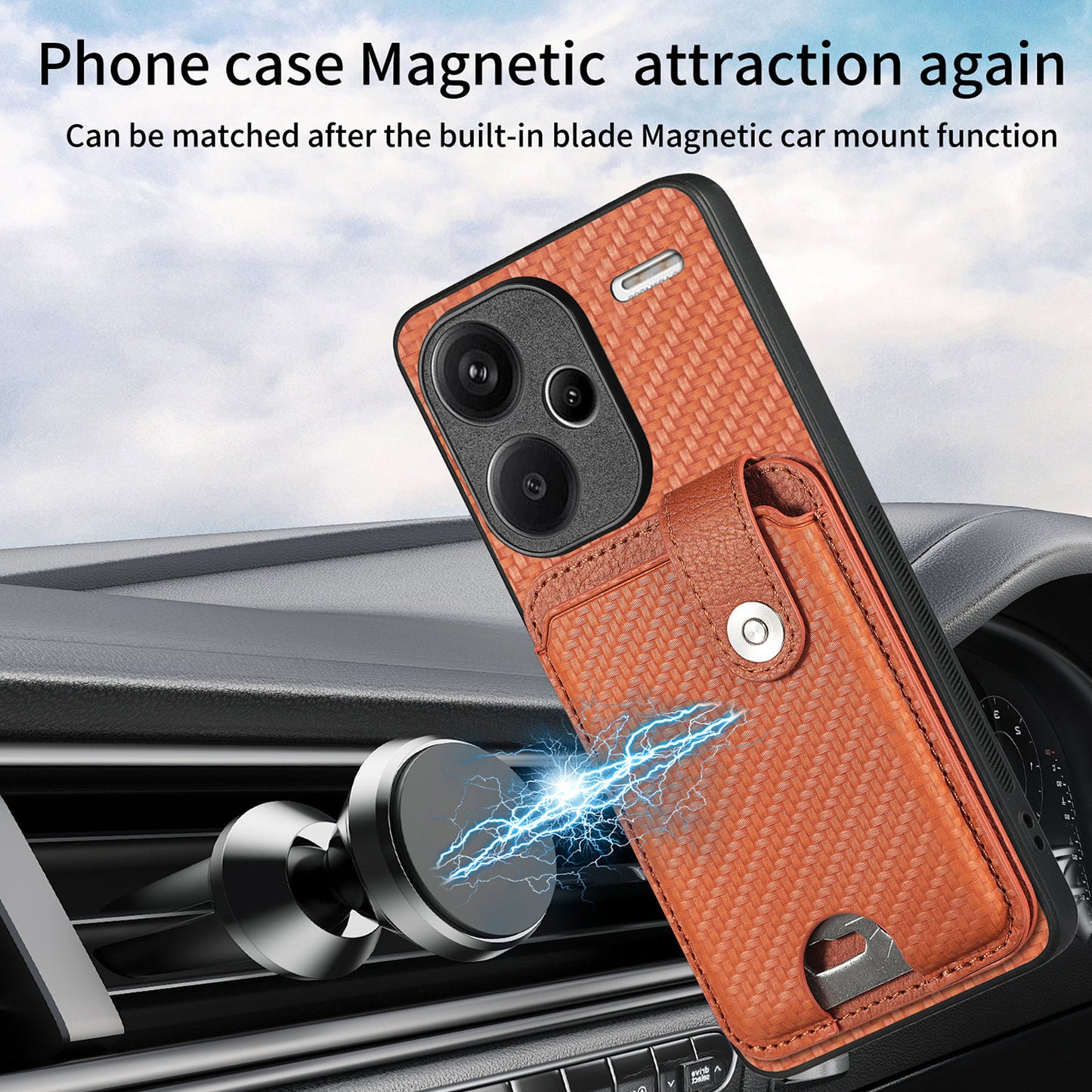 C1-06 For Xiaomi Redmi Note 13 Pro+ 5G Case Carbon Fiber Texture Phone Back Cover with Card Knife Tool - Brown