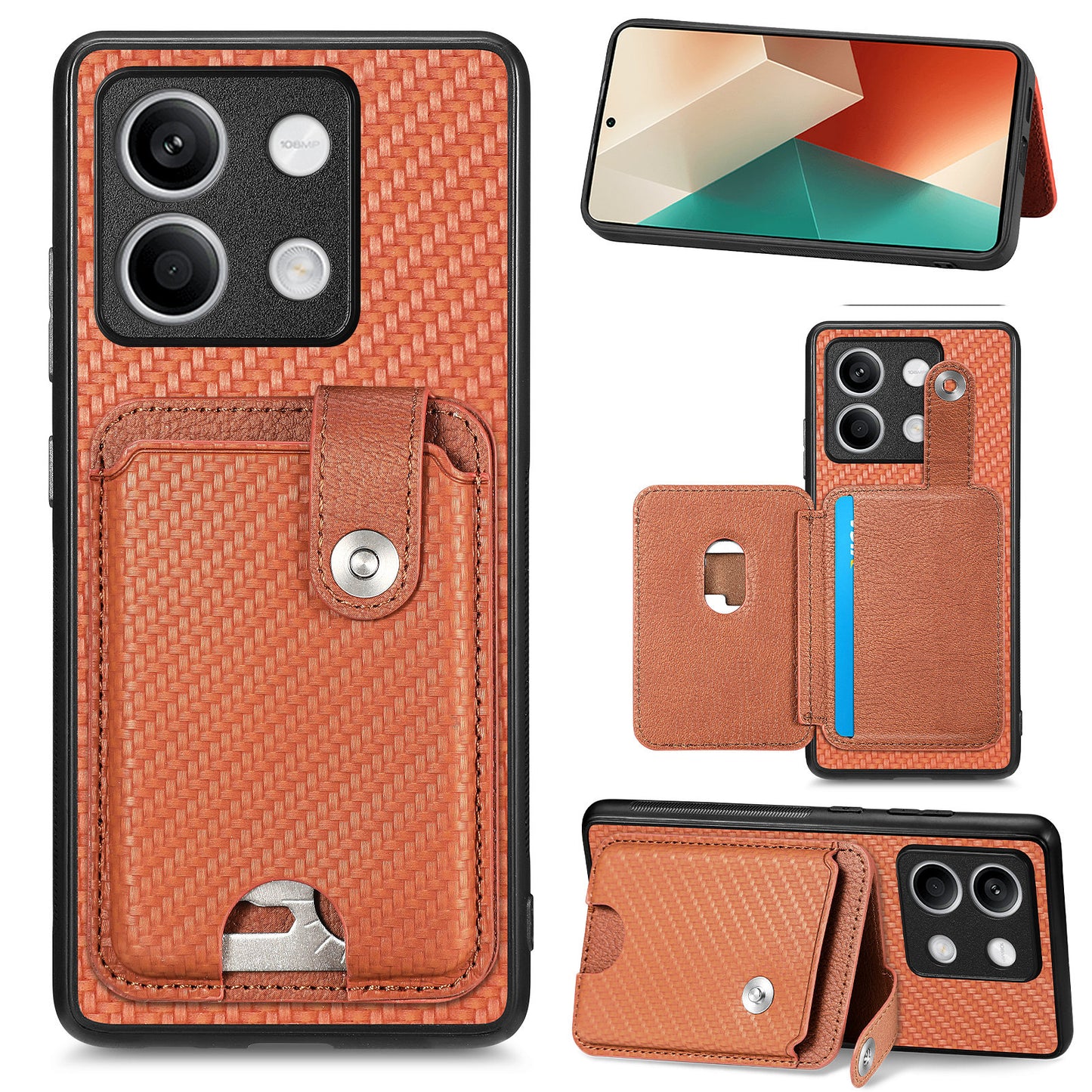 C1-06 For Xiaomi Redmi Note 13 4G Case Leather Coated Anti-drop Phone Cover with Card Knife Tool - Brown