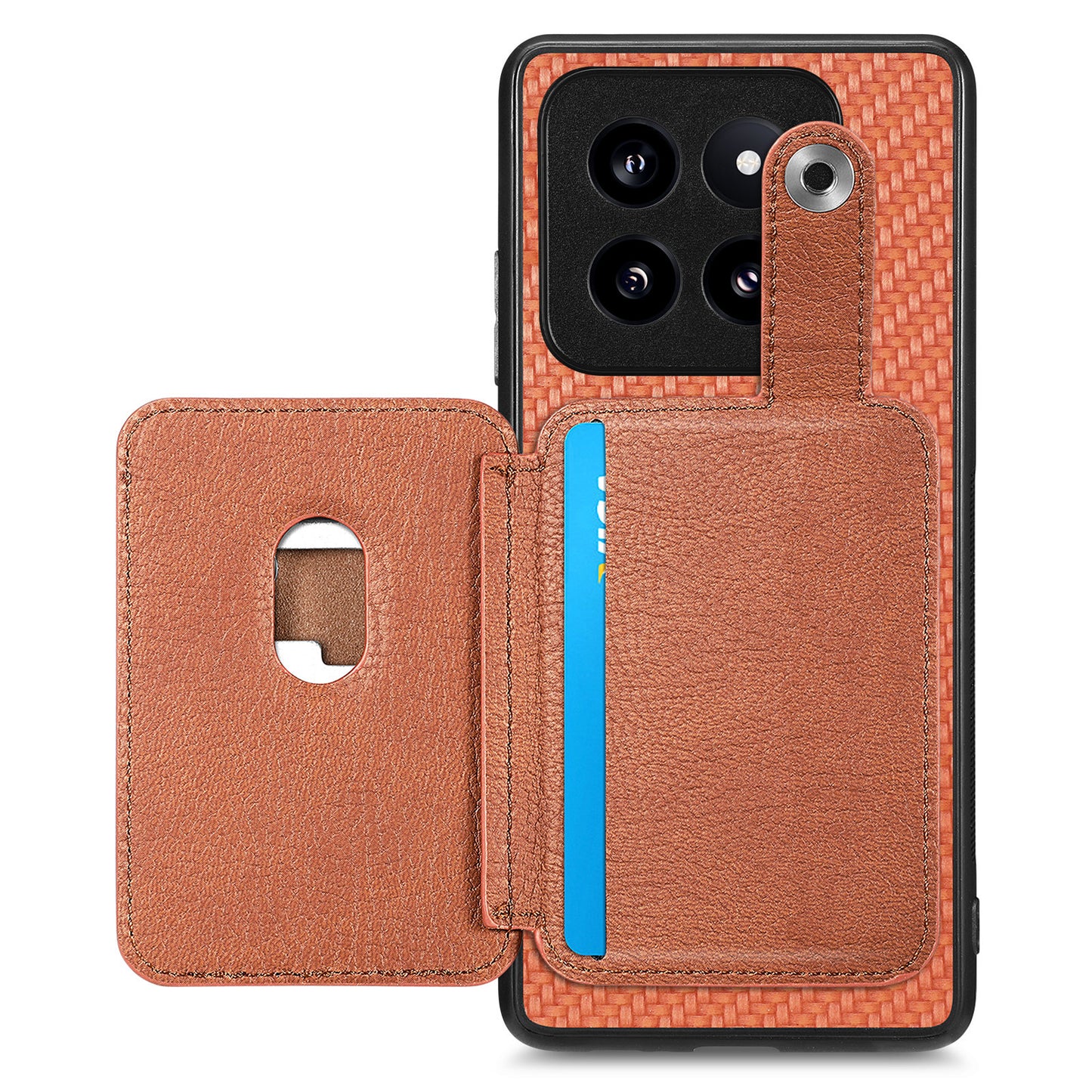 C1-06 For Xiaomi 14 Pro Case Kickstand Card Holder Phone Back Cover with Card Knife Tool - Brown