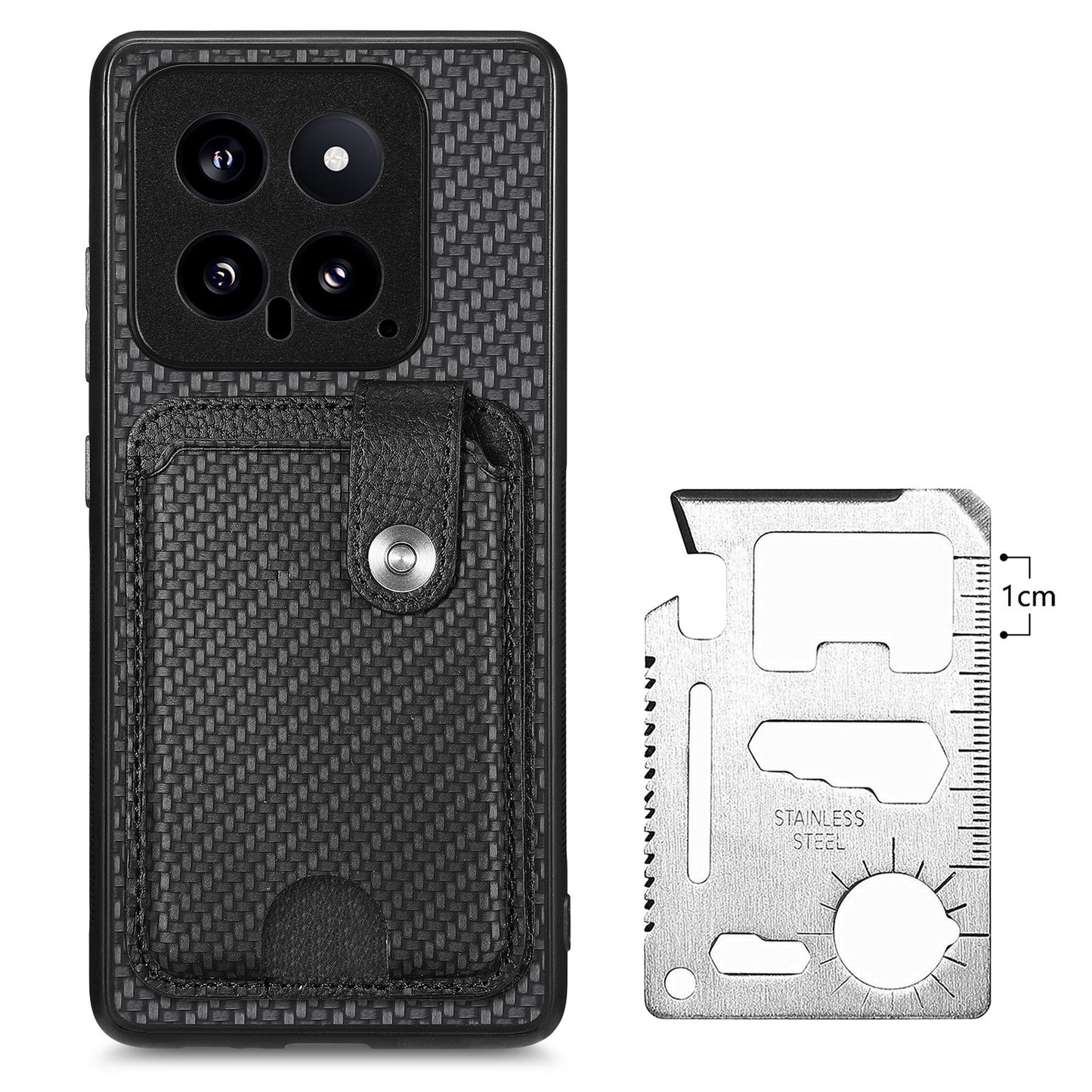 C1-06 For Xiaomi 14 Case Carbon Fiber Texture Card Holder Phone Cover with Card Knife Tool - Black