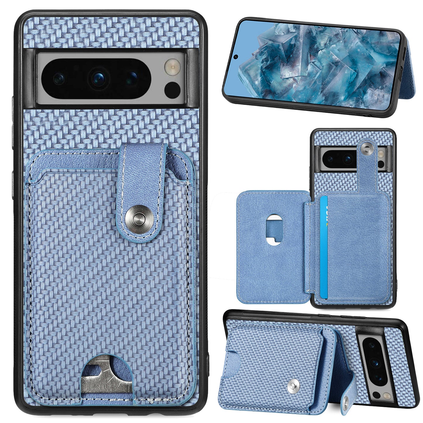 C1-06 For Google Pixel 8 Pro Case Leather+TPU+PC Card Holder Phone Cover with Card Knife Tool - Blue