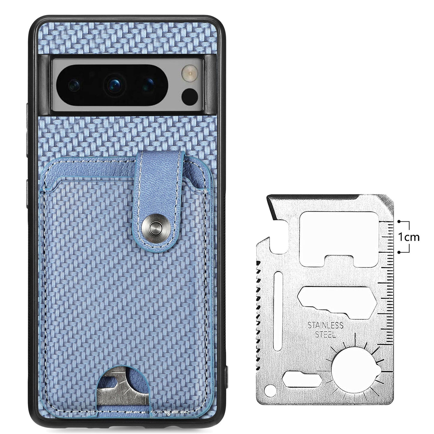 C1-06 For Google Pixel 8 Pro Case Leather+TPU+PC Card Holder Phone Cover with Card Knife Tool - Blue