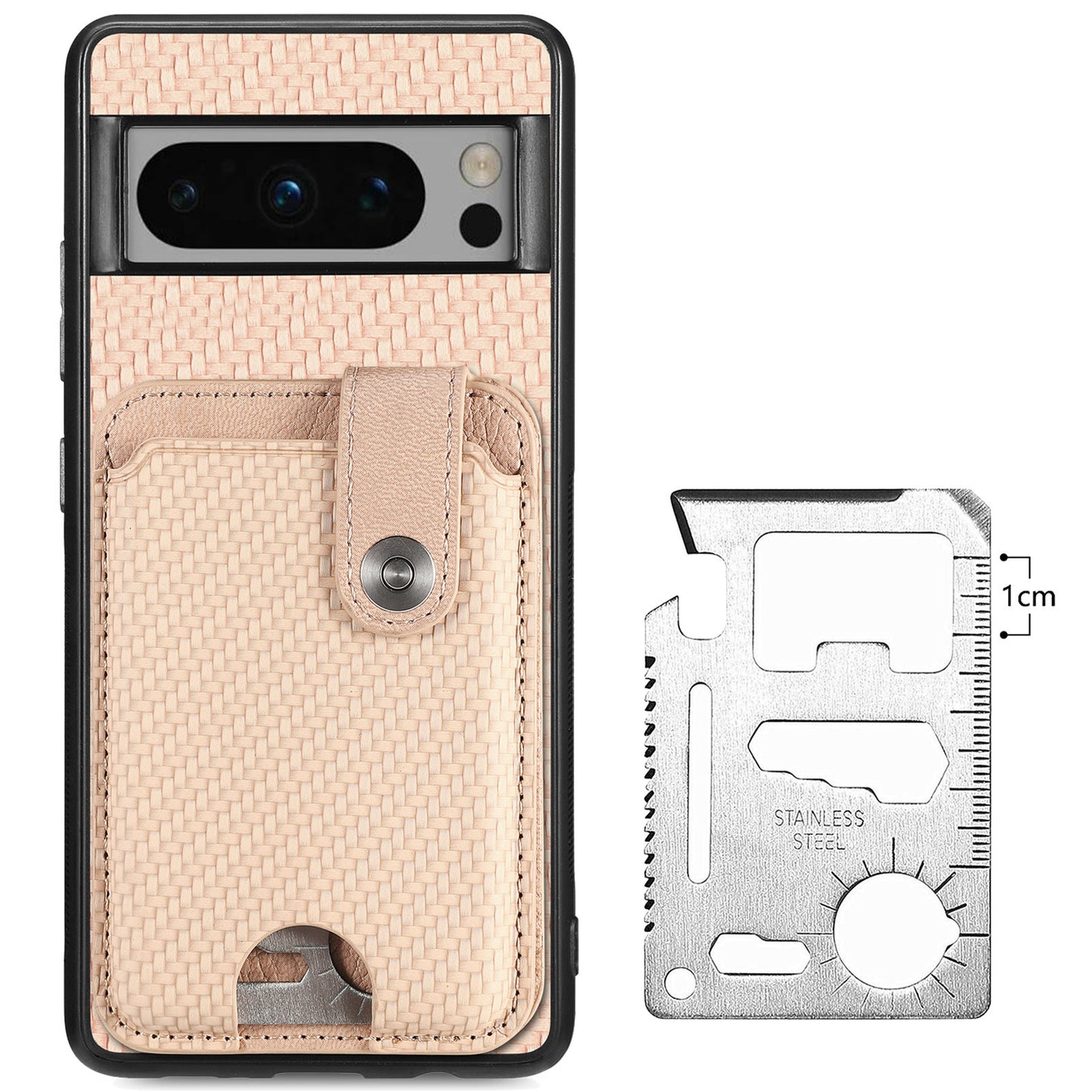 C1-06 For Google Pixel 8 Pro Case Leather+TPU+PC Card Holder Phone Cover with Card Knife Tool - Khaki
