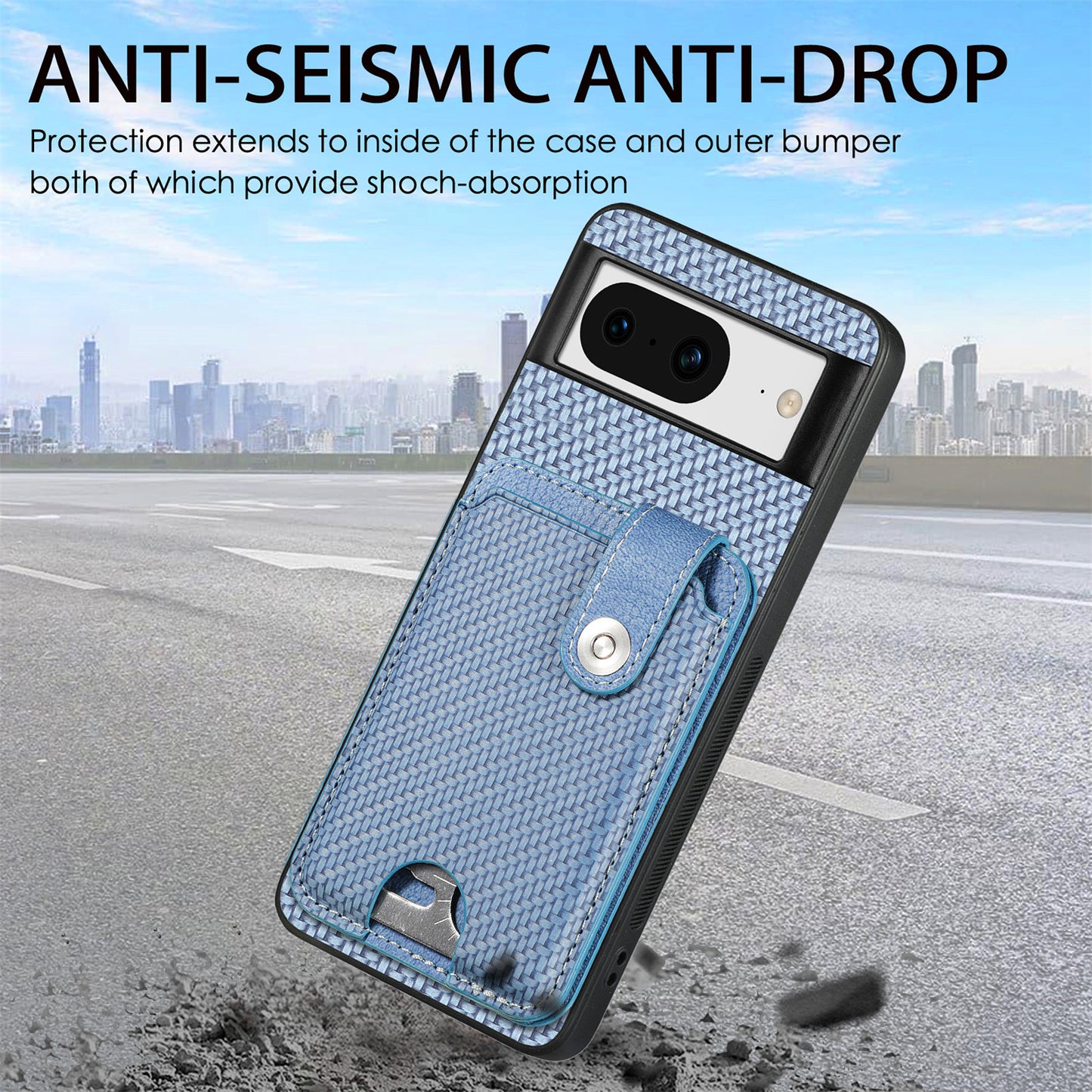 C1-06 For Google Pixel 8 Cell Phone Case Kickstand Card Holder Anti-scratch Cover with Card Knife Tool - Blue
