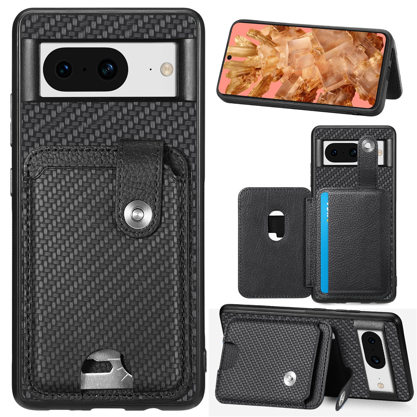 C1-06 For Google Pixel 8 Cell Phone Case Kickstand Card Holder Anti-scratch Cover with Card Knife Tool - Black