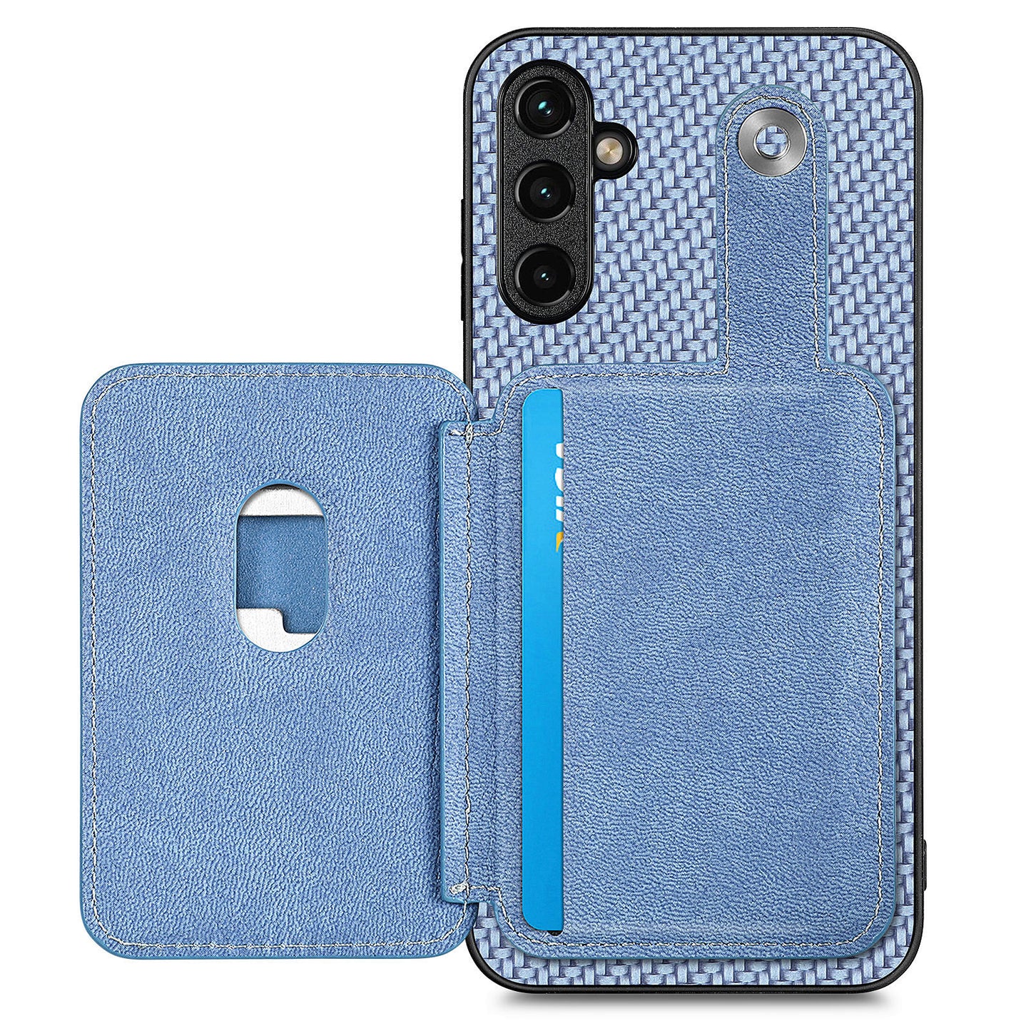 C1-06 For Samsung Galaxy A05s 4G Kickstand Case Carbon Fiber Texture Phone Cover with Card Knife Tool - Blue