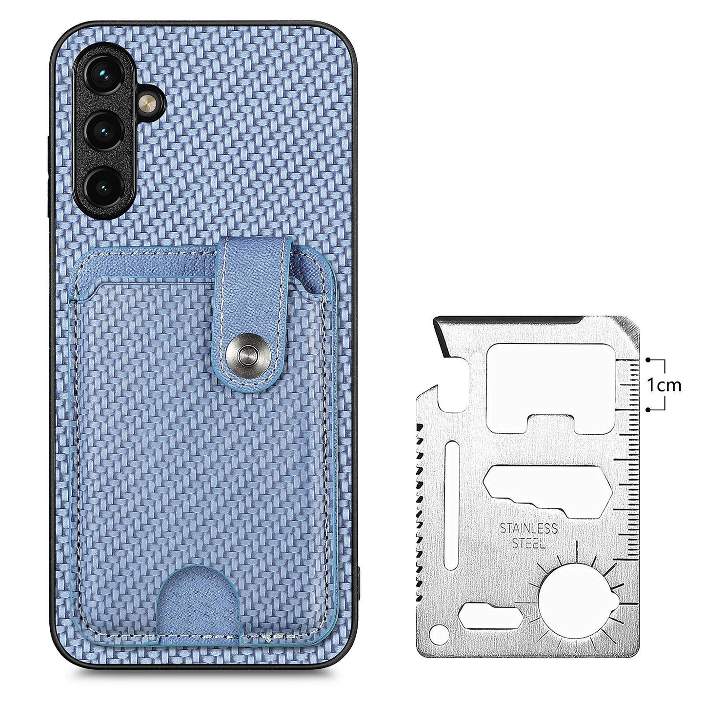 C1-06 For Samsung Galaxy A05s 4G Kickstand Case Carbon Fiber Texture Phone Cover with Card Knife Tool - Blue