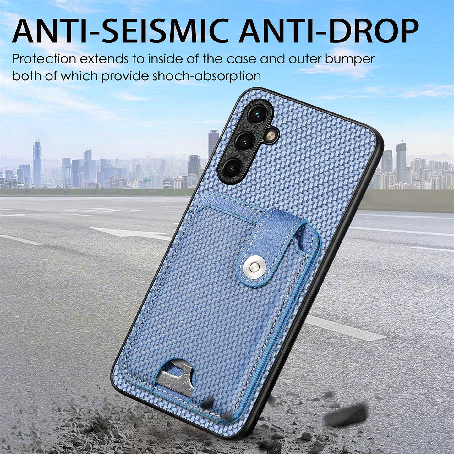 C1-06 For Samsung Galaxy A05s 4G Kickstand Case Carbon Fiber Texture Phone Cover with Card Knife Tool - Blue