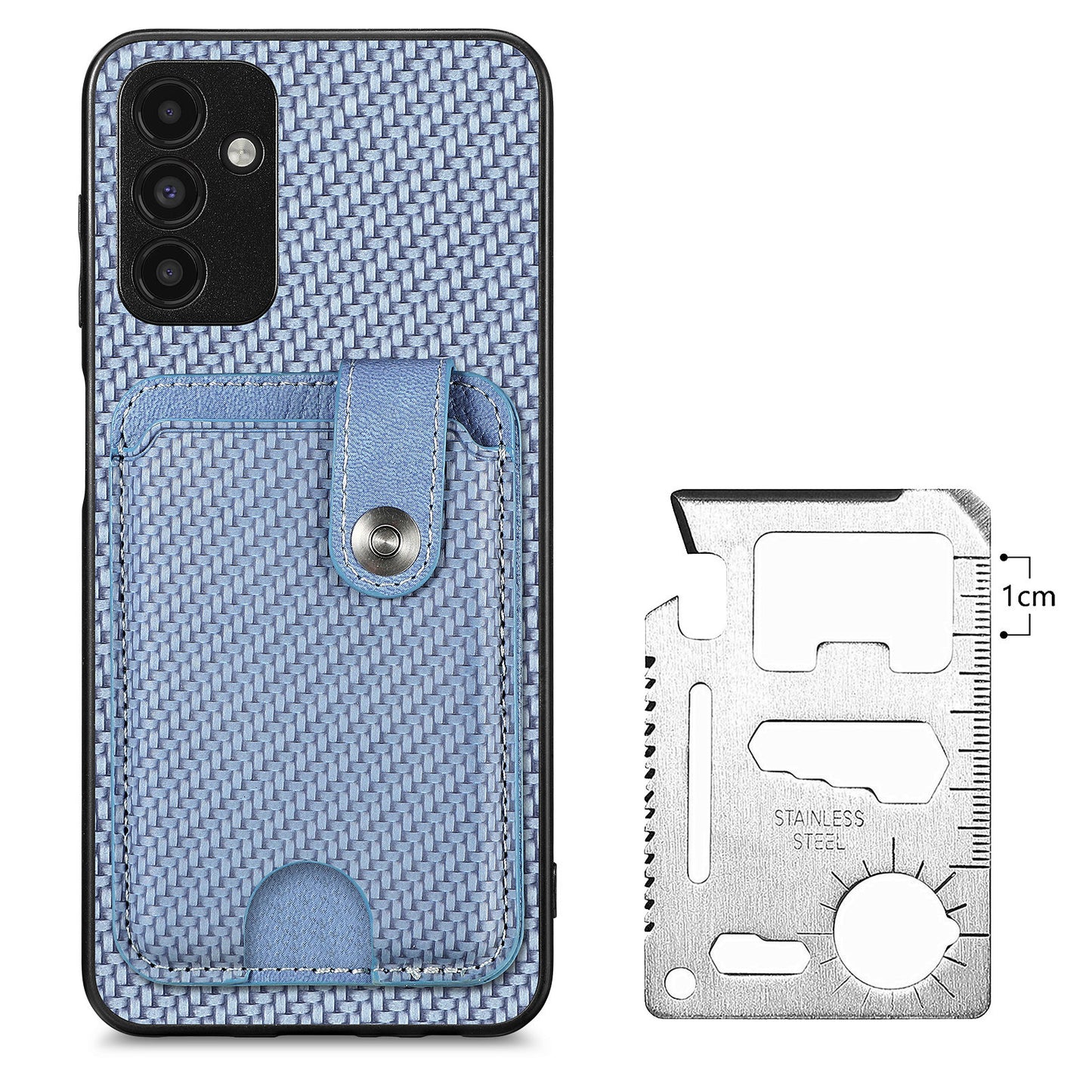 C1-06 For Samsung Galaxy A13 5G / A04s 4G (164.7 x 76.7 x 9.1 mm) Carbon Fiber Texture Phone Case with Card Knife Tool - Blue