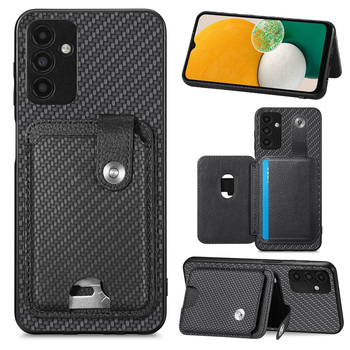 C1-06 For Samsung Galaxy A13 5G / A04s 4G (164.7 x 76.7 x 9.1 mm) Carbon Fiber Texture Phone Case with Card Knife Tool - Black