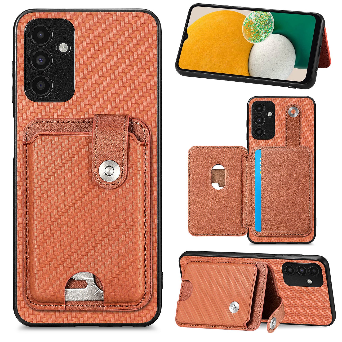 C1-06 For Samsung Galaxy A13 5G / A04s 4G (164.7 x 76.7 x 9.1 mm) Carbon Fiber Texture Phone Case with Card Knife Tool - Brown