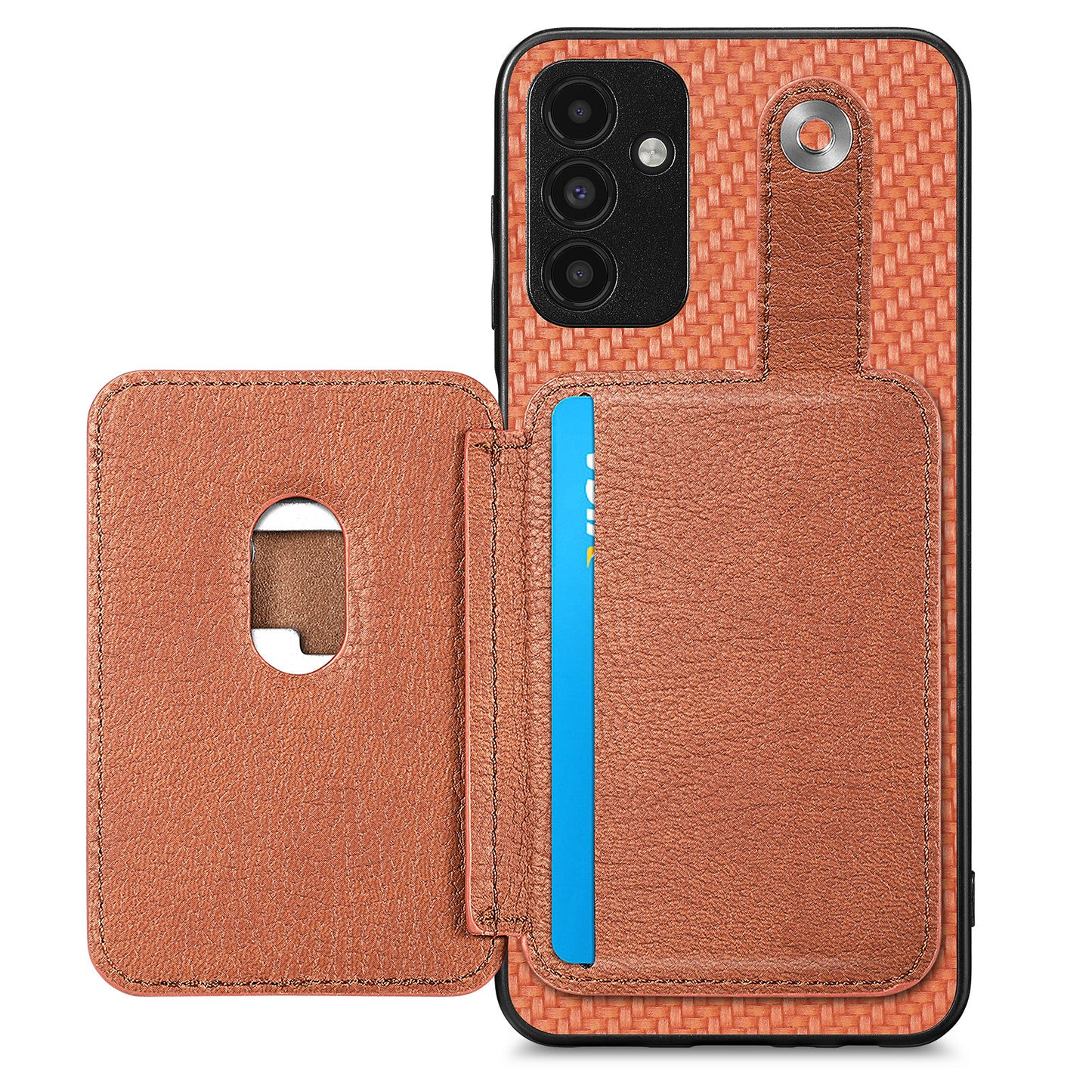 C1-06 For Samsung Galaxy A13 5G / A04s 4G (164.7 x 76.7 x 9.1 mm) Carbon Fiber Texture Phone Case with Card Knife Tool - Brown