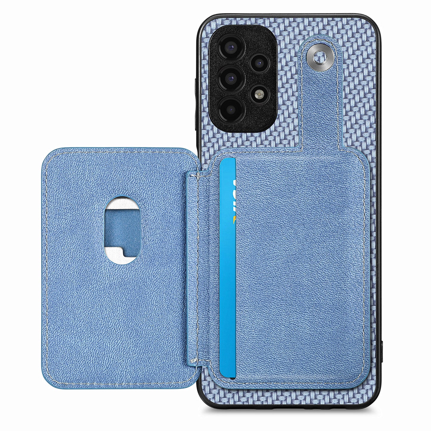 C1-06 For Samsung Galaxy A13 4G Case Carbon Fiber Texture Shockproof Phone Cover with Card Knife Tool - Blue