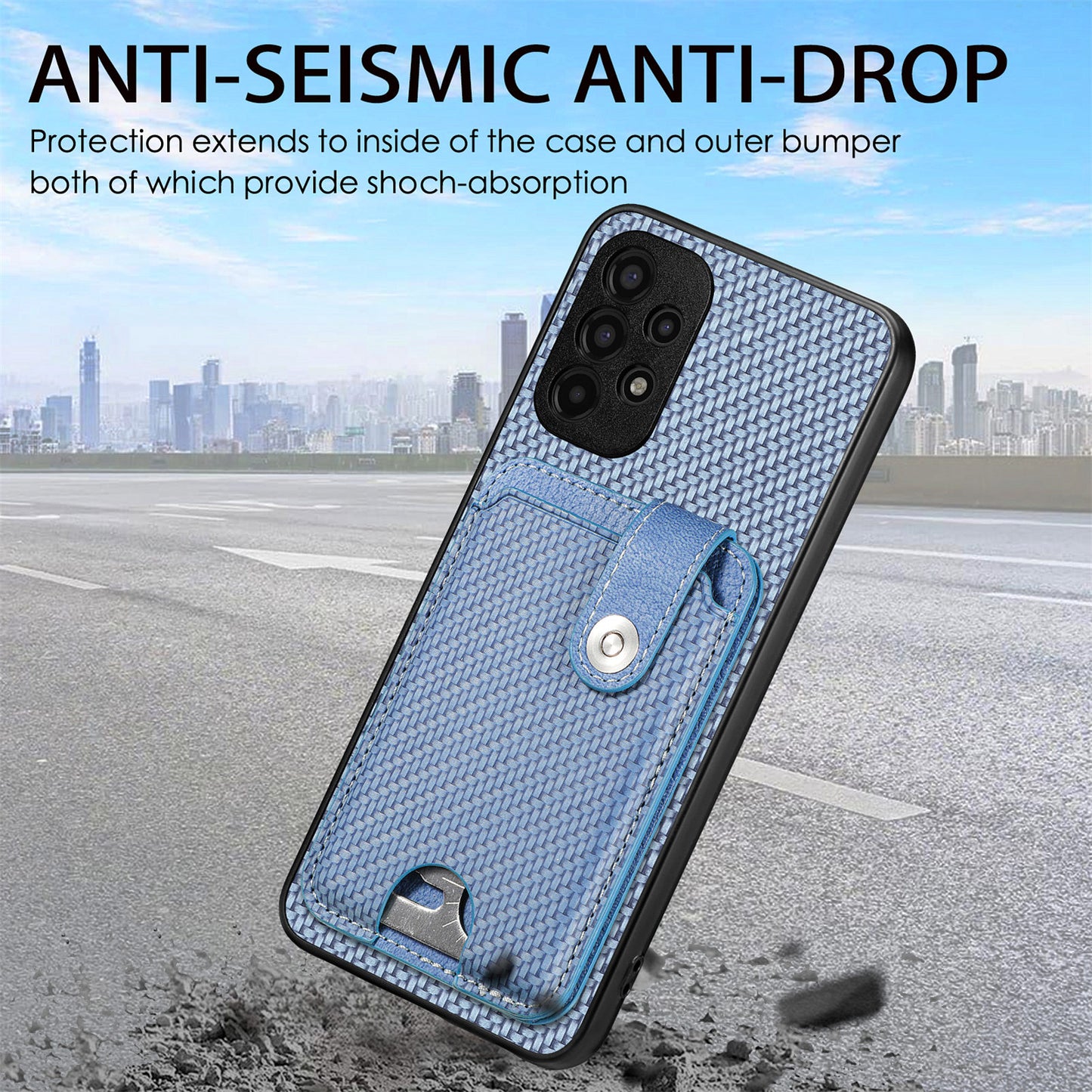 C1-06 For Samsung Galaxy A13 4G Case Carbon Fiber Texture Shockproof Phone Cover with Card Knife Tool - Blue